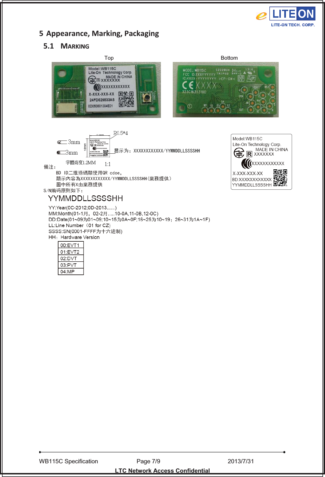   WB115C Specification        Page 7/9                    2013/7/31  LTC Network Access Confidential 5 Appearance, Marking, Packaging 5.1 MARKING 7RS%RWWRP