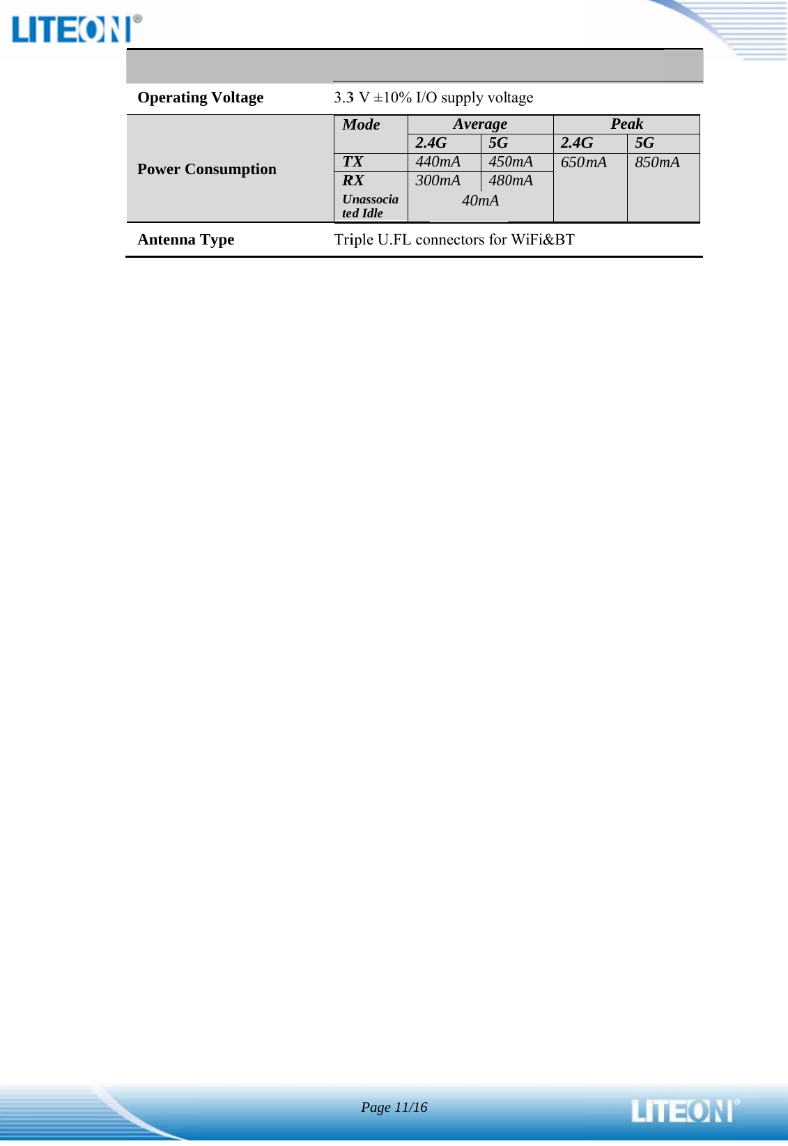                                                   Operatin  Power CAntennaCommong Voltage onsumption Type n Function3.3n MTXRUteTrin 3 V ±10% I/OMode  2.4TX44RX30Unassociaed Idle iple U.FL coPage 11/16O supply voltAverage4G 5G40mA 45000mA 48040mAonnectors fortage G2.4G0mA 650m0mAWiFi&amp;BT Peak G 5G mA  850mmA  