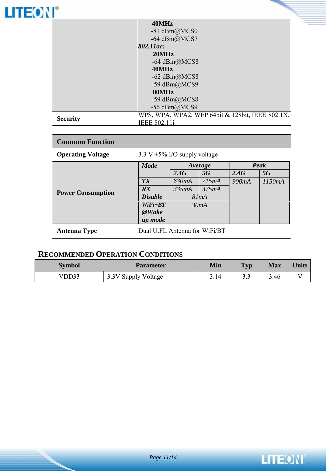   40MHz -81 dBm@MCS0 -64 dBm@MCS7 802.11ac: 20MHz -64 dBm@MCS8 40MHz -62 dBm@MCS8 -59 dBm@MCS9 80MHz -59 dBm@MCS8 -56 dBm@MCS9 Security  WPS, WPA, WPA2, WEP 64bit &amp; 128bit, IEEE 802.1X,    IEEE 802.11i       Operating Voltage  3.3 V ±5% I/O supply voltage     Power Consumption Mode  AveragePeak 2.4G 5G 2.4G  5G TX 630mA 715mA 900mA  1150mARX 335mA 375mADisable 81mAWiFi+BT@Wake up mode30mAAntenna Type  Dual U.FL Antenna for WiFi/BT  RECOMMENDED OPERATION CONDITIONS Symbol  Parameter  Min  Typ  Max  UnitsVDD33 3.3V Supply Voltage  3.14 3.3 3.46 V                         Common Function Page 11/14