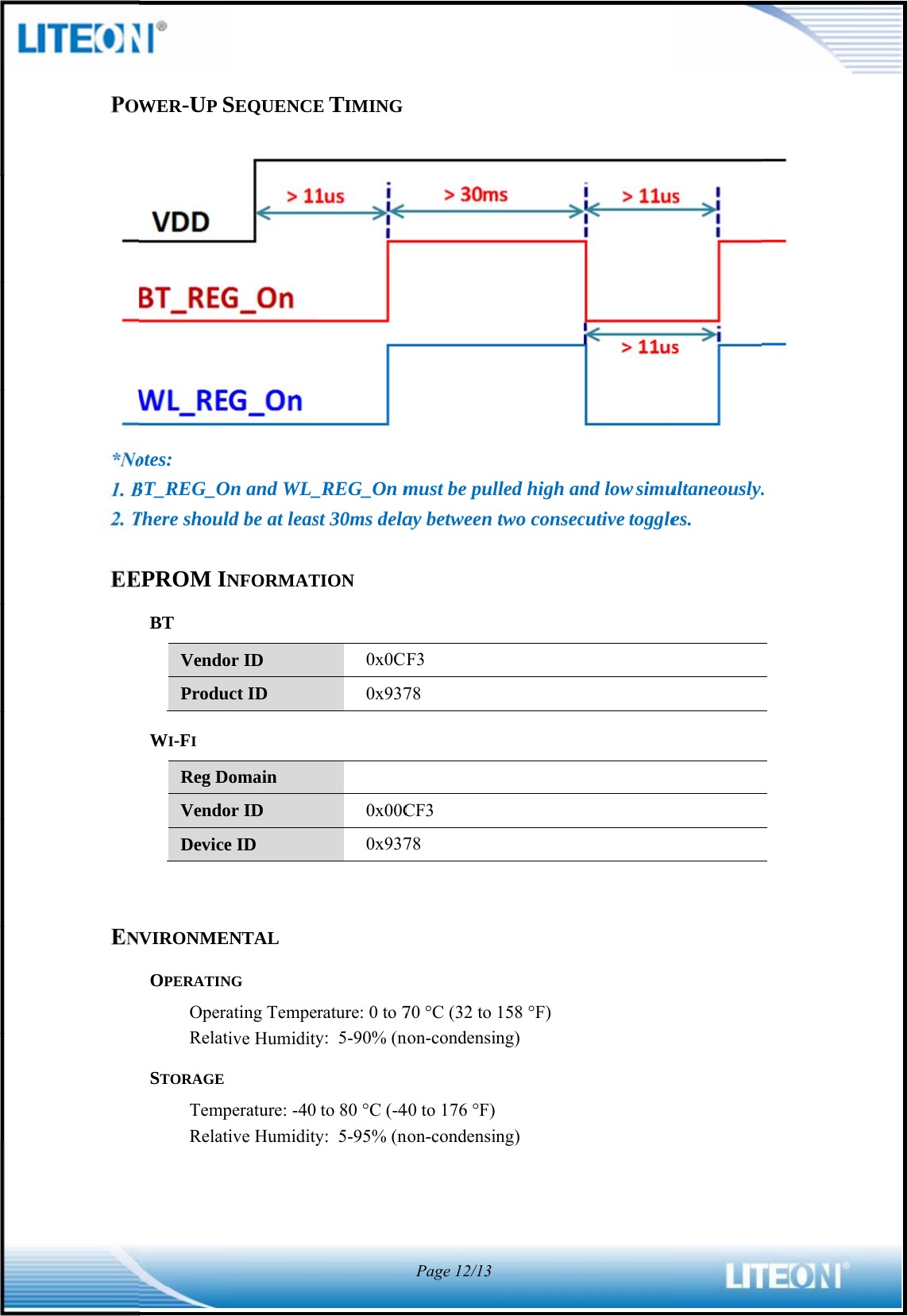               POW*No1. B2. TEEENVWER-UP Sotes: BT_REG_OThere shoulEPROM INBT VendoProduWI-FI Reg DVendoDeviceVIRONMEOPERATINOperaRelatSTORAGE TempRelatSEQUENCEOn and WL_ld be at leasNFORMATor ID uct ID omain or ID e ID ENTAL NG ating Tempeive Humidityperature: -40 ive HumidityE TIMING_REG_On mst 30ms delaTION 0x0CF0x937 0x00C0x937rature: 0 to 7y:  5-90% (nto 80 C (-4y:  5-95% (nmust be pulay between F3 78 CF3 78 70 C (32 to non-condensi40 to 176 F)non-condensiPage 12/13lled high antwo consec158 F) ing)  ing) nd low simucutive toggleultaneously.es. .  