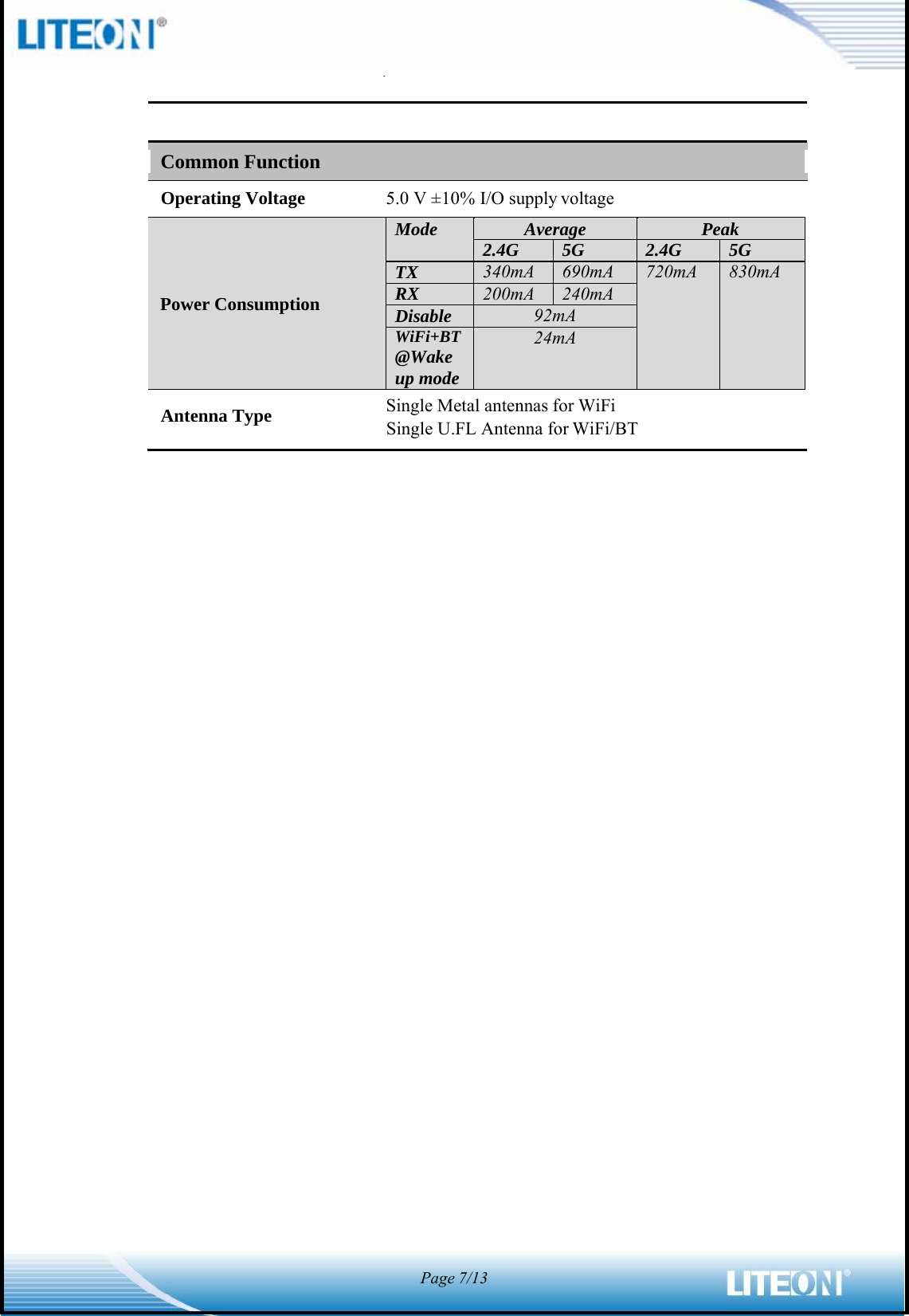        Operating Voltage  5.0 V ±10% I/O supply voltage     Power Consumption Mode  AveragePeak 2.4G  5G  2.4G  5G TX  340mA  690mA  720mA  830mA RX  200mA  240mA Disable  92mA WiFi+BT@Wake up mode24mA Antenna Type  Single Metal antennas for WiFi  Single U.FL Antenna for WiFi/BT                                           Common Function Page7/13