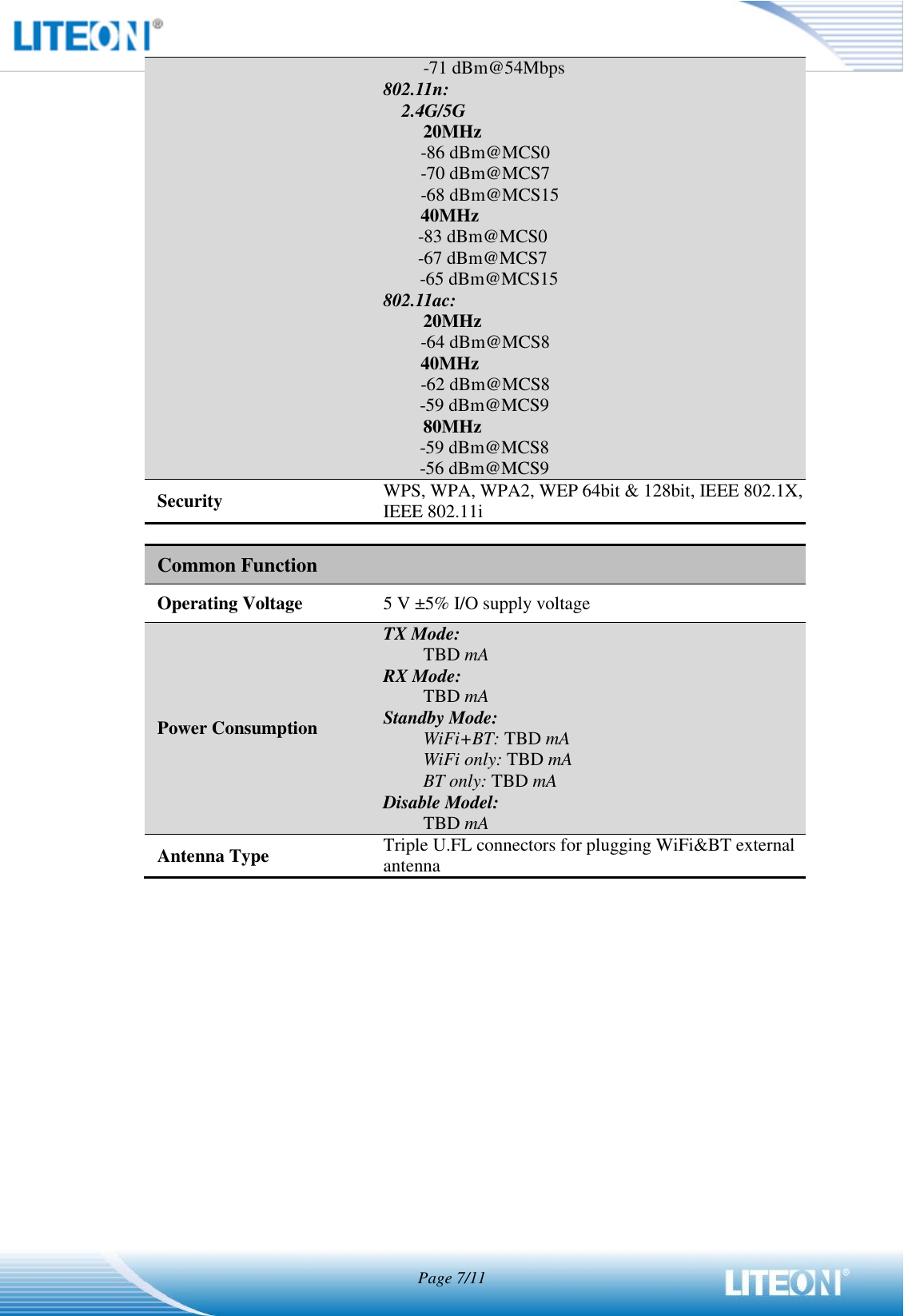  Page 7/11  -71 dBm@54Mbps 802.11n:   2.4G/5G 20MHz   -86 dBm@MCS0 -70 dBm@MCS7 -68 dBm@MCS15 40MHz -83 dBm@MCS0 -67 dBm@MCS7 -65 dBm@MCS15 802.11ac: 20MHz   -64 dBm@MCS8 40MHz -62 dBm@MCS8 -59 dBm@MCS9 80MHz -59 dBm@MCS8   -56 dBm@MCS9 Security WPS, WPA, WPA2, WEP 64bit &amp; 128bit, IEEE 802.1X, IEEE 802.11i   Common Function Operating Voltage 5 V ±5% I/O supply voltage Power Consumption TX Mode: TBD mA RX Mode: TBD mA Standby Mode: WiFi+BT: TBD mA WiFi only: TBD mA BT only: TBD mA Disable Model: TBD mA Antenna Type Triple U.FL connectors for plugging WiFi&amp;BT external antenna    