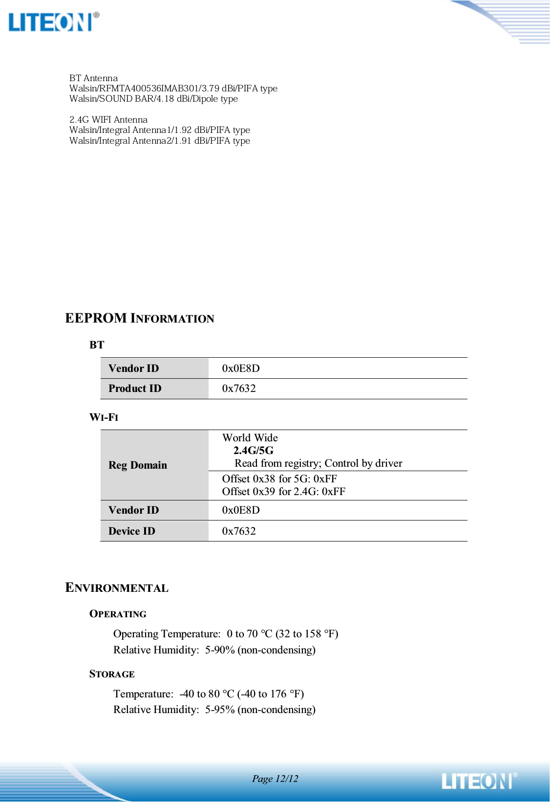 Page 12/12BLOCK DIAGRAMEEPROM INFORMATIONBT Vendor ID 0x0E8D Product ID 0x7632 WI-FIReg Domain World Wide     2.4G/5G Read from registry; Control by driver Offset 0x38 for 5G: 0xFF Offset 0x39 for 2.4G: 0xFF Vendor ID 0x0E8D Device ID 0x7632 ENVIRONMENTALOPERATINGOperating Temperature:   0 to 70 qC (32 to 158 qF) Relative Humidity:  5-90% (non-condensing) STORAGETemperature:  -40 to 80 qC (-40 to 176 qF) Relative Humidity:  5-95% (non-condensing) 