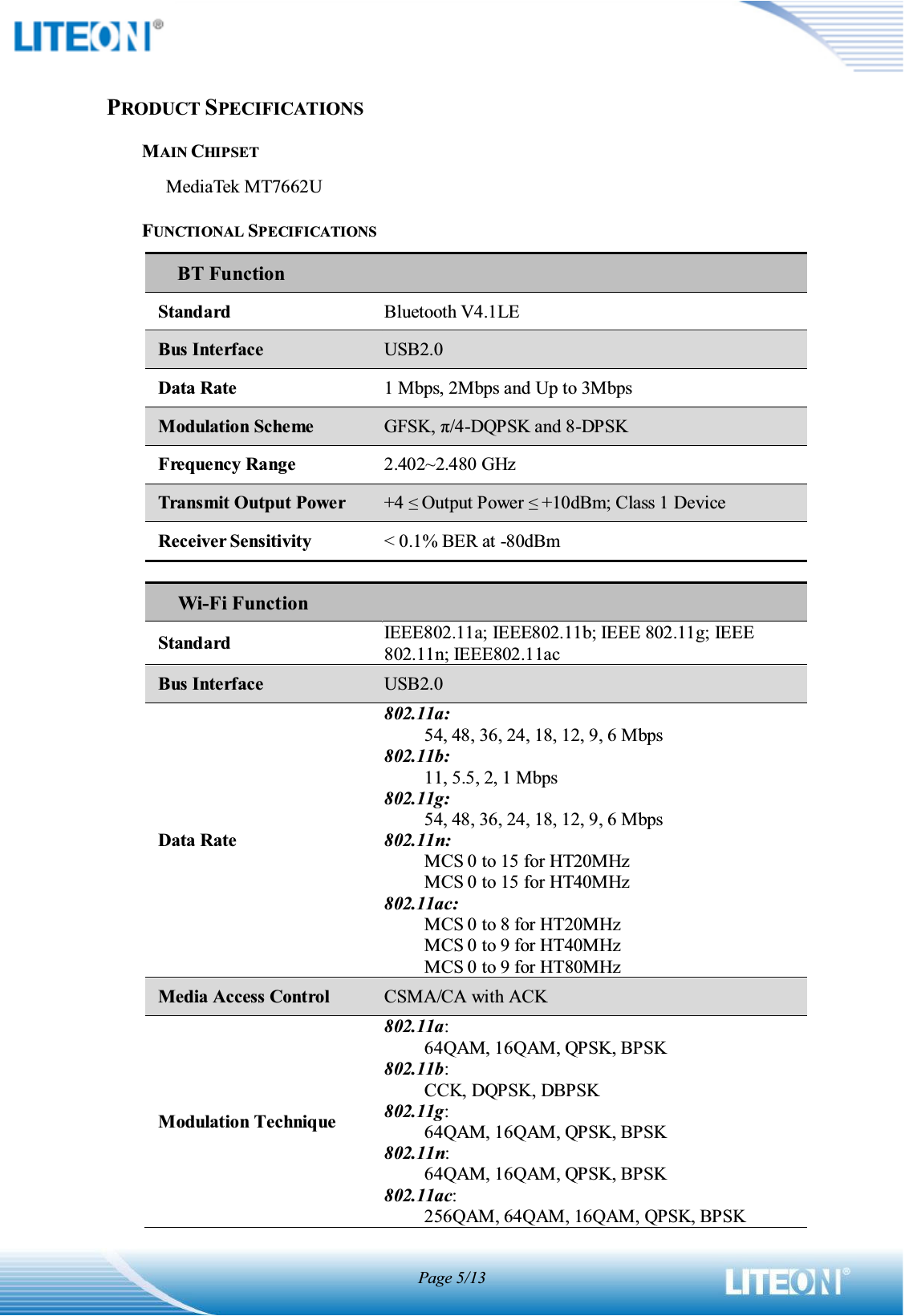 Page 5/13PRODUCT SPECIFICATIONSMAIN CHIPSETMediaTek MT7662U FUNCTIONAL SPECIFICATIONS      BT Function StandardBluetooth V4.1LE Bus Interface USB2.0 Data Rate 1 Mbps, 2Mbps and Up to 3Mbps Modulation Scheme *)6.ʌ-DQPSK and 8-DPSK Frequency Range 2.402~2.480 GHz Transmit Output Power +4 Output Power +10dBm; Class 1 Device Receiver Sensitivity &lt; 0.1% BER at -80dBm Wi-Fi Function Standard IEEE802.11a; IEEE802.11b; IEEE 802.11g; IEEE 802.11n; IEEE802.11ac Bus Interface USB2.0 Data Rate 802.11a: 54, 48, 36, 24, 18, 12, 9, 6 Mbps 802.11b: 11, 5.5, 2, 1 Mbps 802.11g: 54, 48, 36, 24, 18, 12, 9, 6 Mbps 802.11n: MCS 0 to 15 for HT20MHz MCS 0 to 15 for HT40MHz 802.11ac: MCS 0 to 8 for HT20MHz MCS 0 to 9 for HT40MHz MCS 0 to 9 for HT80MHz Media Access Control CSMA/CA with ACK Modulation Technique 802.11a: 64QAM, 16QAM, QPSK, BPSK 802.11b: CCK, DQPSK, DBPSK 802.11g: 64QAM, 16QAM, QPSK, BPSK 802.11n: 64QAM, 16QAM, QPSK, BPSK 802.11ac: 256QAM, 64QAM, 16QAM, QPSK, BPSK 