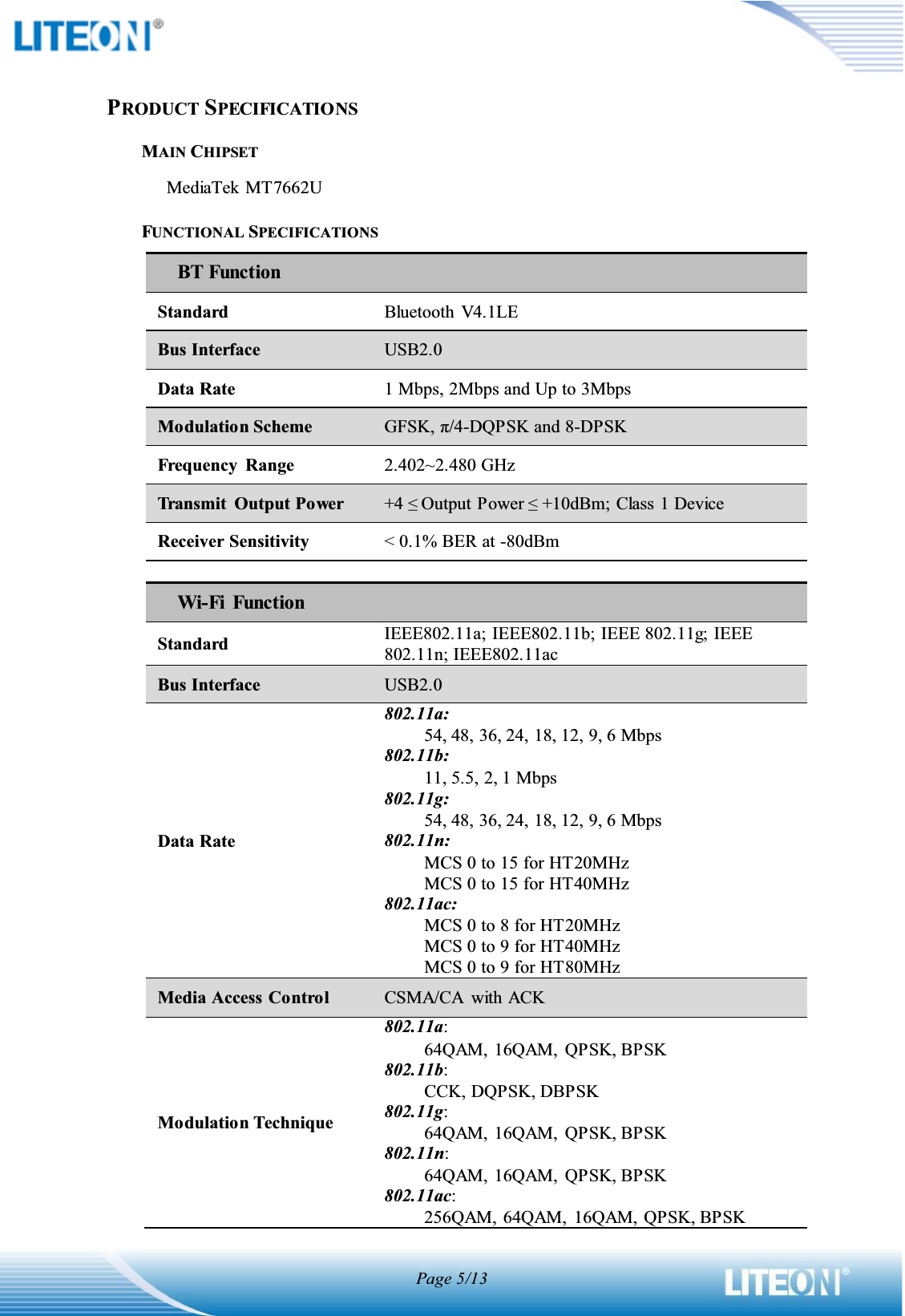 Page 5/13PRODUCT SPECIFICATIONSMAIN CHIPSETMediaTek MT7662U FUNCTIONAL SPECIFICATIONS      BT Function StandardBluetooth  V4.1LE Bus Interface USB2.0 Data Rate 1 Mbps, 2Mbps and Up to 3Mbps Modulation Scheme*)6.ʌ-DQPSK and 8-DPSKFrequency  Range2.402~2.480 GHz Transmit  Output Power +4 Output Power +10dBm; Class 1 Device Receiver Sensitivity&lt; 0.1% BER at -80dBm Wi-Fi  FunctionStandard IEEE802.11a; IEEE802.11b; IEEE 802.11g; IEEE 802.11n; IEEE802.11ac Bus Interface USB2.0 Data Rate 802.11a: 54, 48, 36, 24, 18, 12, 9, 6 Mbps 802.11b: 11, 5.5, 2, 1 Mbps 802.11g: 54, 48, 36, 24, 18, 12, 9, 6 Mbps 802.11n: MCS 0 to 15 for HT20MHz MCS 0 to 15 for HT40MHz 802.11ac: MCS 0 to 8 for HT20MHz MCS 0 to 9 for HT40MHz MCS 0 to 9 for HT80MHz Media Access Control CSMA/CA  with ACK Modulation Technique 802.11a: 64QAM, 16QAM,  QPSK, BPSK 802.11b: CCK, DQPSK, DBPSK 802.11g: 64QAM, 16QAM,  QPSK, BPSK 802.11n: 64QAM, 16QAM,  QPSK, BPSK 802.11ac: 256QAM, 64QAM,  16QAM, QPSK, BPSK 