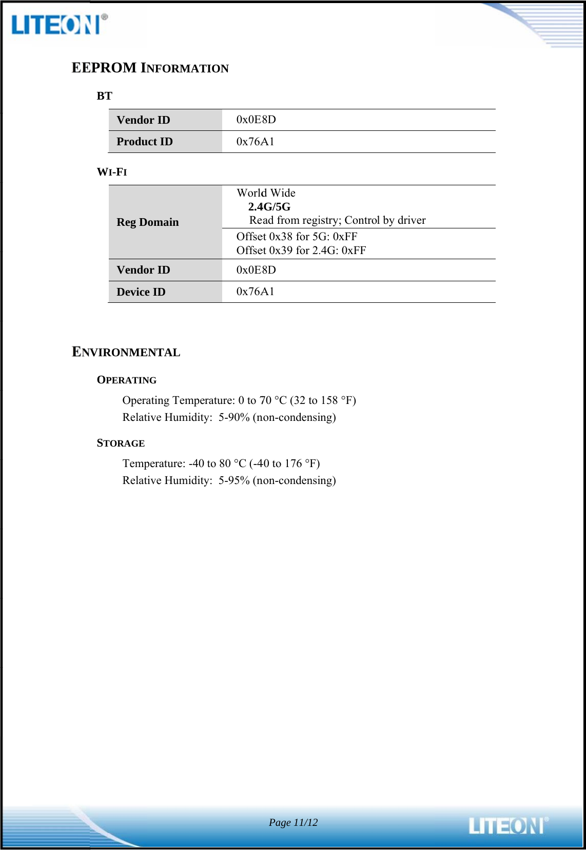                                 EEENVEPROM INBT VendoProduWI-FI   Reg DVendoDeviceVIRONMEOPERATINOperaRelatSTORAGE TempRelatNFORMATor ID uct ID omain or ID e ID ENTAL NG ating Tempeive Humidityperature: -40 ive HumidityTION 0x0E80x76AWorld2.4ReOffseOffse0x0E80x76Arature: 0 to 7y:  5-90% (nto 80 C (-4y:  5-95% (n8D A1 d Wide 4G/5G ead from regiet 0x38 for 5Get 0x39 for 2.8D A1 70 C (32 to non-condensi40 to 176 F)non-condensiPage 11/12istry; ControG: 0xFF .4G: 0xFF 158 F) ing)  ing) l by driver  