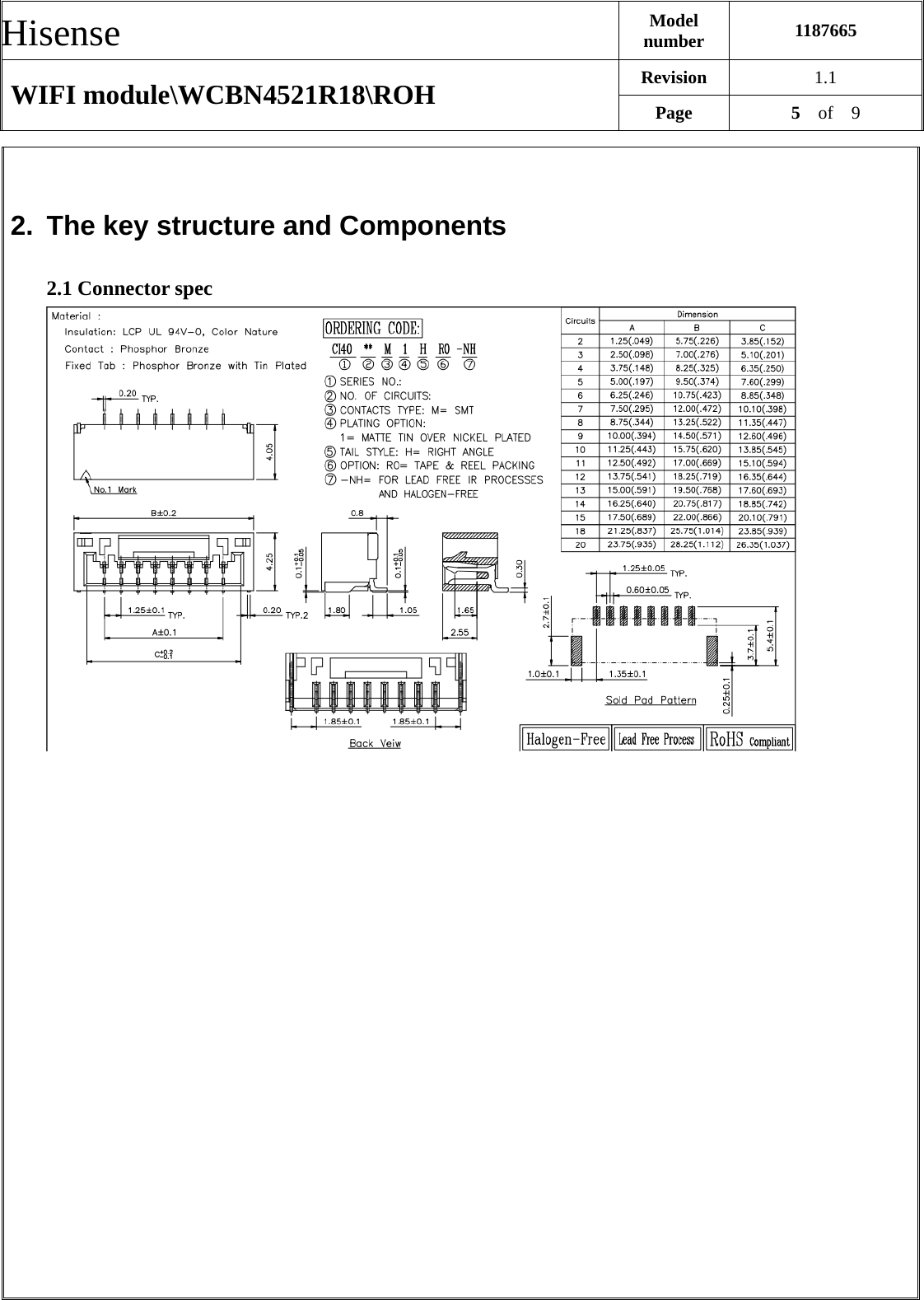 Hisense  Model number  1187665 Revision  1.1 WIFI module\WCBN4521R18\ROH  Page  5  of  9   2.  The key structure and Components 2.1 Connector spec   