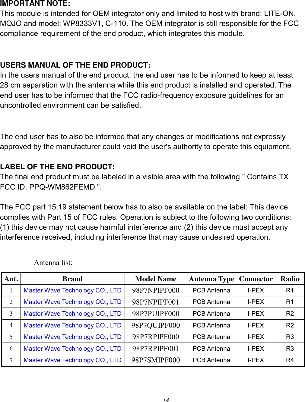 14   IMPORTANT NOTE: This module is intended for OEM integrator only and limited to host with brand: LITE-ON, MOJO and model: WP8333V1, C-110. The OEM integrator is still responsible for the FCC compliance requirement of the end product, which integrates this module.   USERS MANUAL OF THE END PRODUCT: In the users manual of the end product, the end user has to be informed to keep at least 28 cm separation with the antenna while this end product is installed and operated. The end user has to be informed that the FCC radio-frequency exposure guidelines for an uncontrolled environment can be satisfied.     The end user has to also be informed that any changes or modifications not expressly approved by the manufacturer could void the user&apos;s authority to operate this equipment.  LABEL OF THE END PRODUCT: The final end product must be labeled in a visible area with the following &quot; Contains TX FCC ID: PPQ-WM862FEMD &quot;.  The FCC part 15.19 statement below has to also be available on the label: This device complies with Part 15 of FCC rules. Operation is subject to the following two conditions: (1) this device may not cause harmful interference and (2) this device must accept any interference received, including interference that may cause undesired operation.  Antenna list: Ant. Brand Model Name Antenna Type Connector Radio 1 Master Wave Technology CO., LTD 98P7NPIPF000 PCB Antenna I-PEX R1 2 Master Wave Technology CO., LTD 98P7NPIPF001 PCB Antenna I-PEX R1 3 Master Wave Technology CO., LTD 98P7PUIPF000 PCB Antenna I-PEX R2 4 Master Wave Technology CO., LTD 98P7QUIPF000 PCB Antenna I-PEX R2 5 Master Wave Technology CO., LTD 98P7RPIPF000 PCB Antenna I-PEX R3 6 Master Wave Technology CO., LTD 98P7RPIPF001 PCB Antenna I-PEX R3 7 Master Wave Technology CO., LTD 98P7SMIPF000 PCB Antenna I-PEX R4  