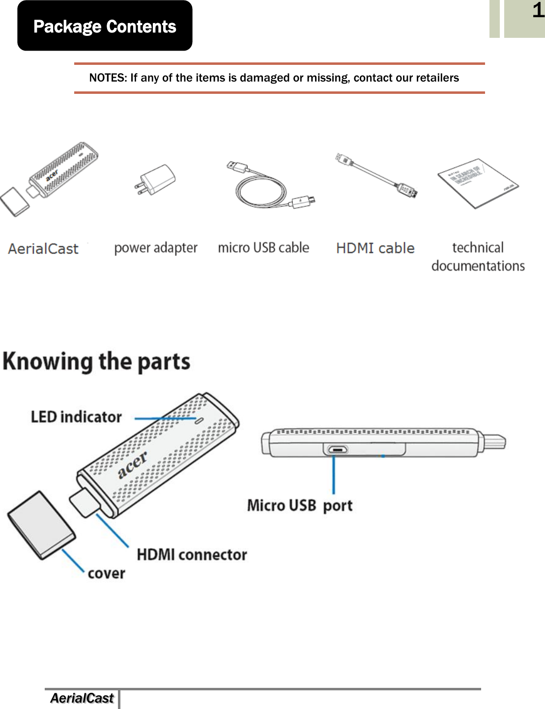   AerialCast   1 NOTES: If any of the items is damaged or missing, contact our retailers                  Package Contents   