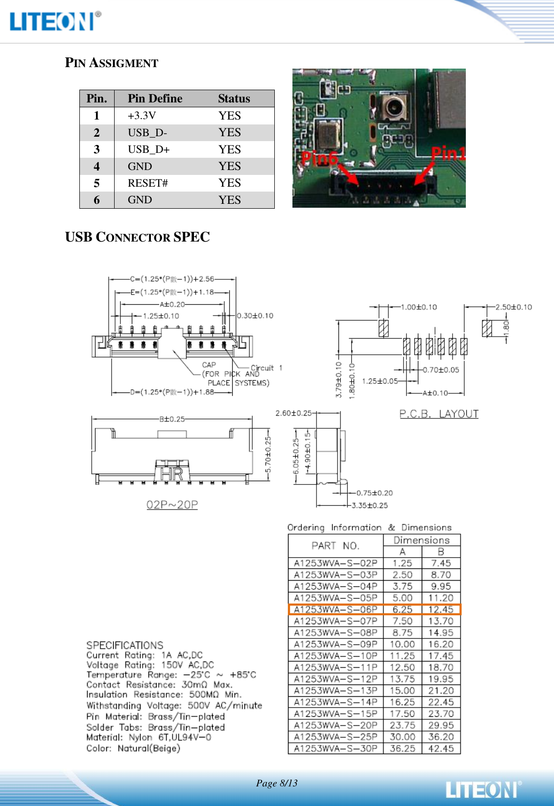   Page 8/13   PIN ASSIGMENT  Pin. Pin Define Status 1 +3.3V YES 2 USB_D- YES 3 USB_D+ YES 4 GND YES 5 RESET# YES 6 GND YES    USB CONNECTOR SPEC       