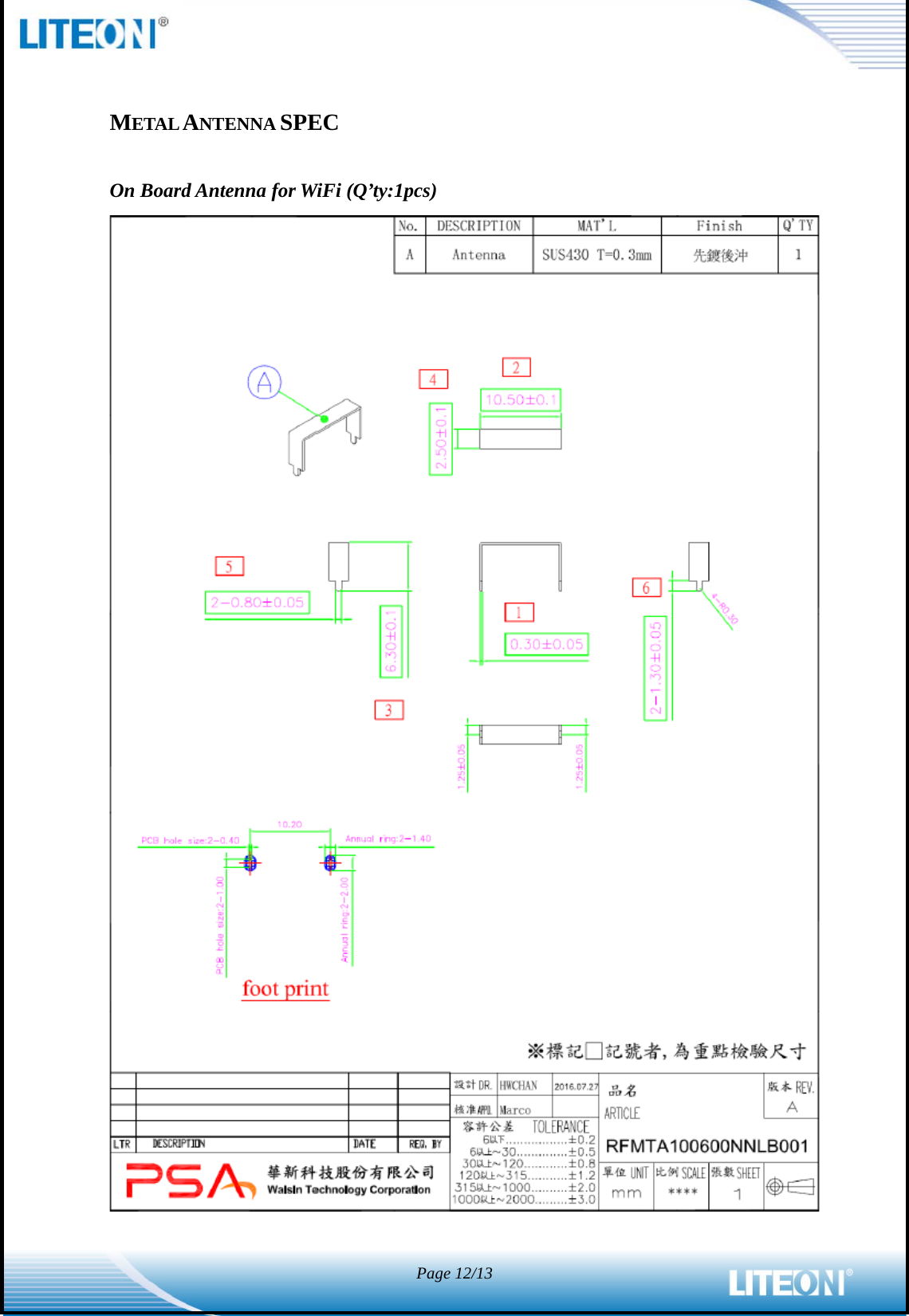  Page 12/13   METAL ANTENNA SPEC  On Board Antenna for WiFi (Q’ty:1pcs)   