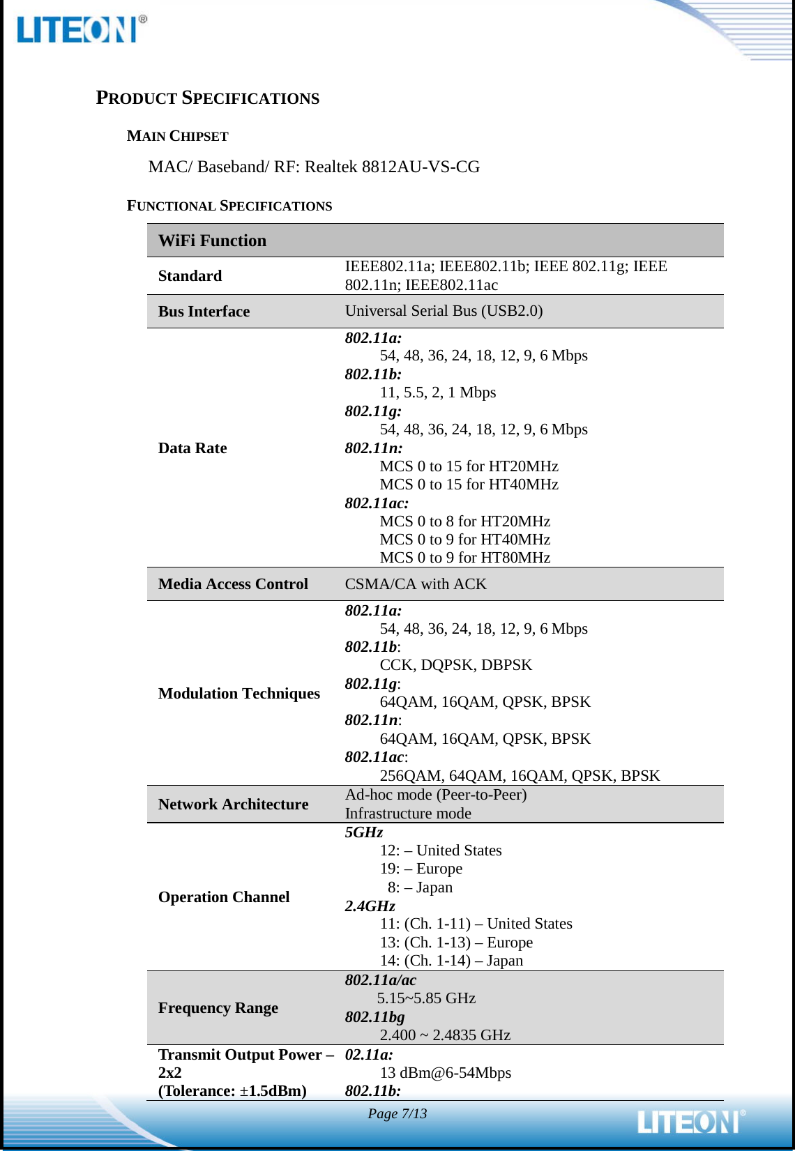  Page 7/13   PRODUCT SPECIFICATIONS MAIN CHIPSET MAC/ Baseband/ RF: Realtek 8812AU-VS-CG FUNCTIONAL SPECIFICATIONS WiFi Function Standard IEEE802.11a; IEEE802.11b; IEEE 802.11g; IEEE 802.11n; IEEE802.11ac Bus Interface Universal Serial Bus (USB2.0) Data Rate 802.11a: 54, 48, 36, 24, 18, 12, 9, 6 Mbps 802.11b: 11, 5.5, 2, 1 Mbps 802.11g: 54, 48, 36, 24, 18, 12, 9, 6 Mbps 802.11n: MCS 0 to 15 for HT20MHz MCS 0 to 15 for HT40MHz 802.11ac: MCS 0 to 8 for HT20MHz MCS 0 to 9 for HT40MHz MCS 0 to 9 for HT80MHz Media Access Control CSMA/CA with ACK Modulation Techniques 802.11a: 54, 48, 36, 24, 18, 12, 9, 6 Mbps 802.11b: CCK, DQPSK, DBPSK 802.11g: 64QAM, 16QAM, QPSK, BPSK 802.11n: 64QAM, 16QAM, QPSK, BPSK 802.11ac: 256QAM, 64QAM, 16QAM, QPSK, BPSK Network Architecture Ad-hoc mode (Peer-to-Peer) Infrastructure mode Operation Channel 5GHz 12: – United States 19: – Europe 8: – Japan 2.4GHz 11: (Ch. 1-11) – United States 13: (Ch. 1-13) – Europe 14: (Ch. 1-14) – Japan Frequency Range 802.11a/ac     5.15~5.85 GHz 802.11bg 2.400 ~ 2.4835 GHz Transmit Output Power – 2x2 (Tolerance: ±1.5dBm) 02.11a: 13 dBm@6-54Mbps 802.11b: 