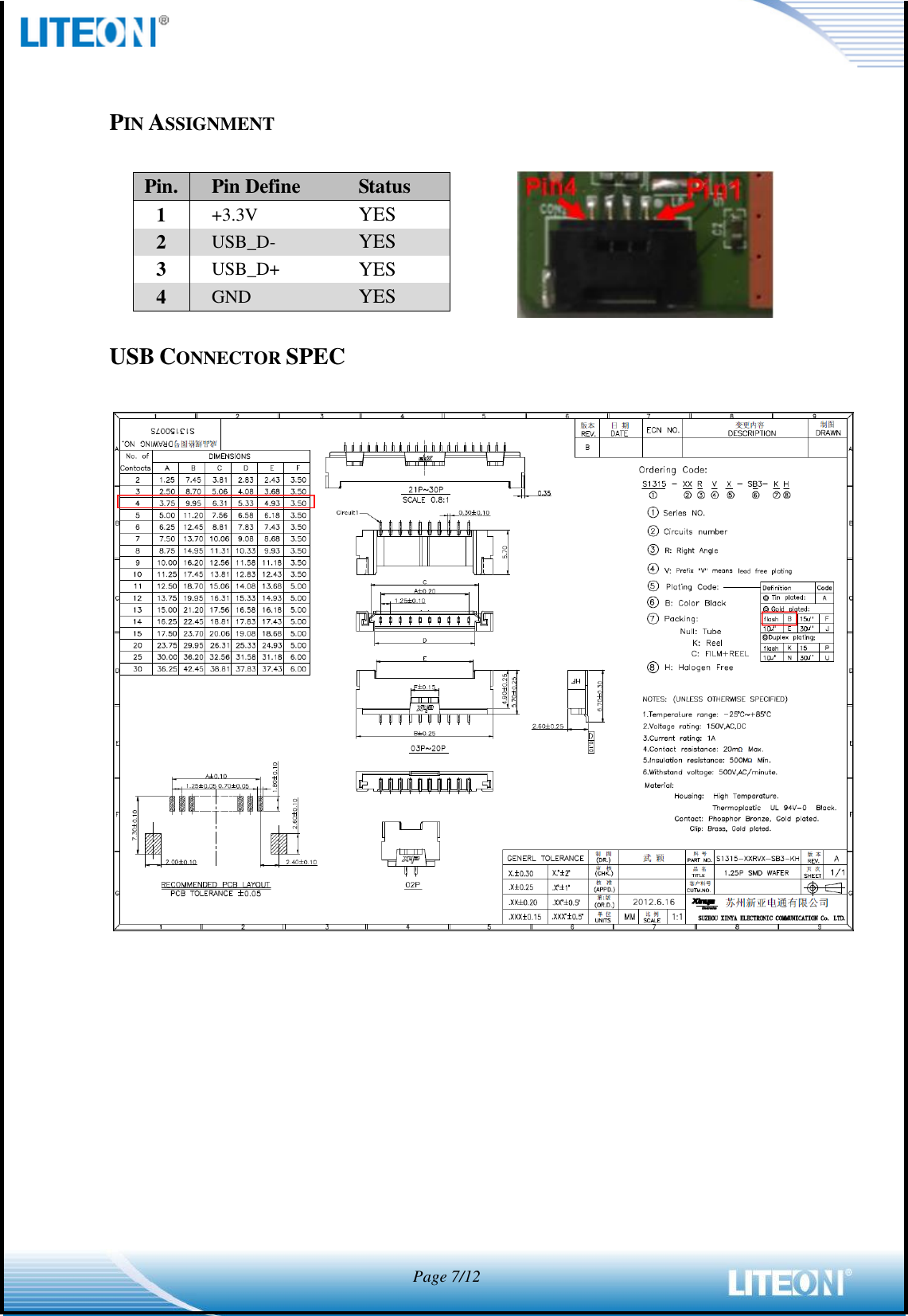            Page 7/12   PIN ASSIGNMENT    USB CONNECTOR SPEC    Pin. Pin Define Status 1 +3.3V YES 2 USB_D- YES 3 USB_D+ YES 4 GND YES 