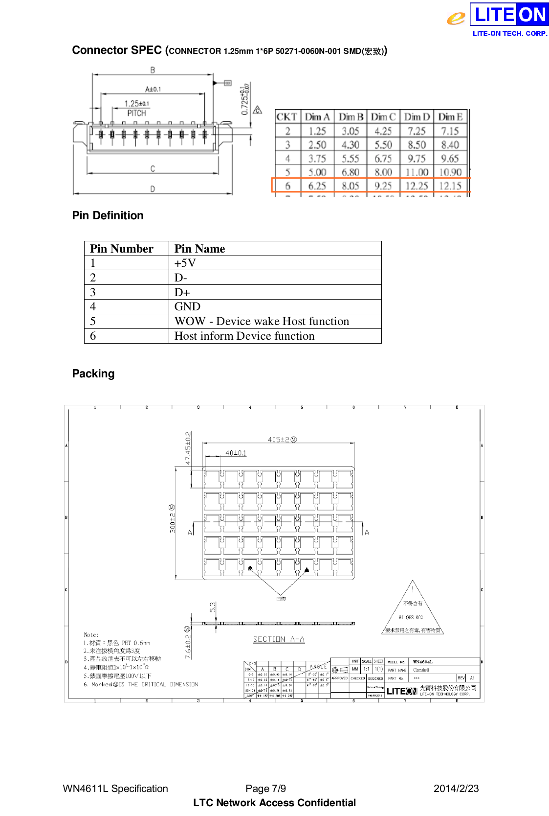  WN4611L Specification               Page 7/9                              2014/2/23 LTC Network Access Confidential Connector SPEC (CONNECTOR 1.25mm 1*6P 50271-0060N-001 SMD(宏致))  Pin Definition  Pin Number Pin Name 1 +5V 2 D- 3 D+ 4 GND 5 WOW - Device wake Host function 6 Host inform Device function  Packing   