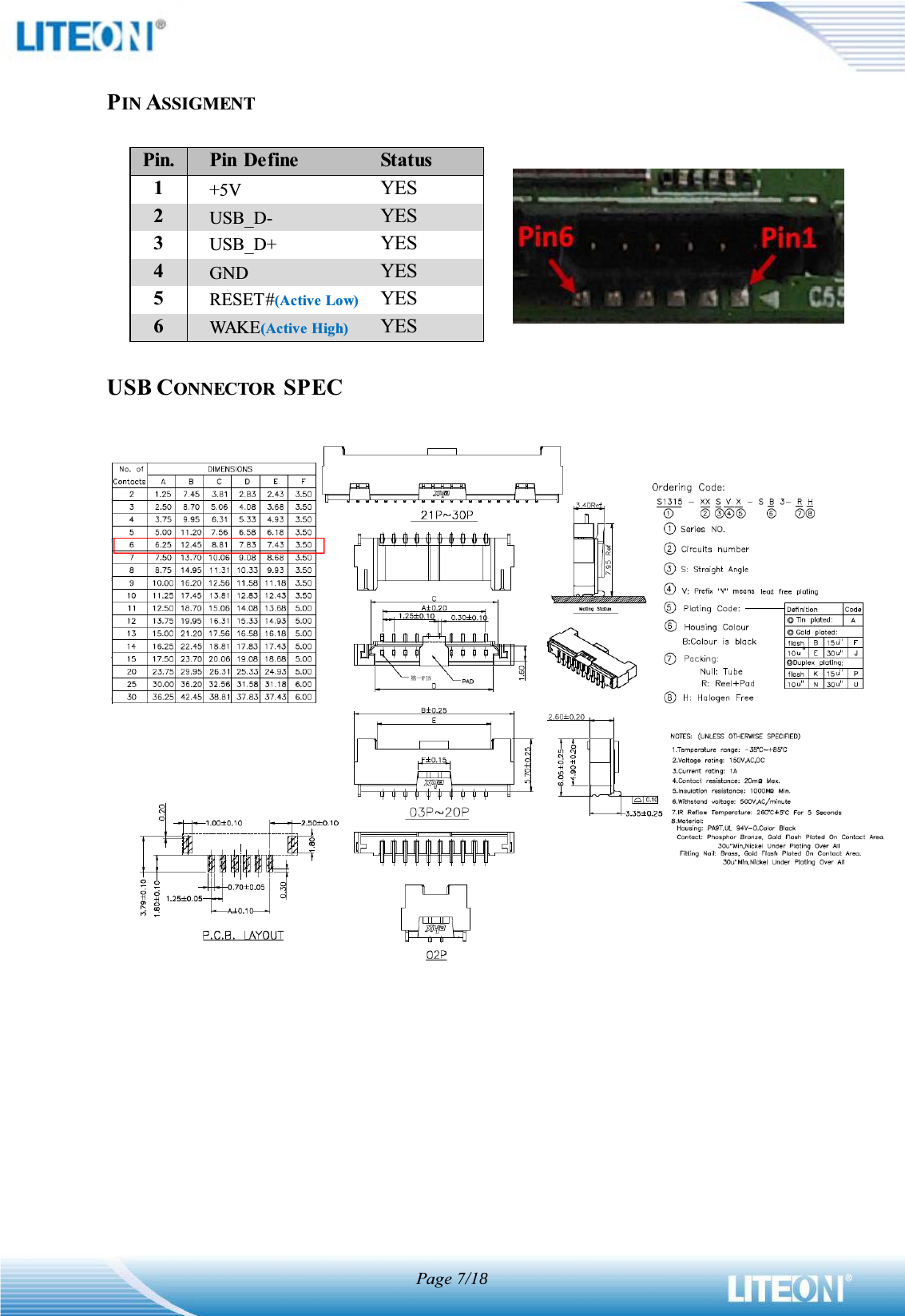 Page 7/1PIN ASSIGMENTPin.Pin DefineStatus1+5VYES2USB_D-YES3USB_D+YES4GNDYES5RESET#(Active Low)YES6WAK E (Active High)YESUSB CONNECTOR  SPEC