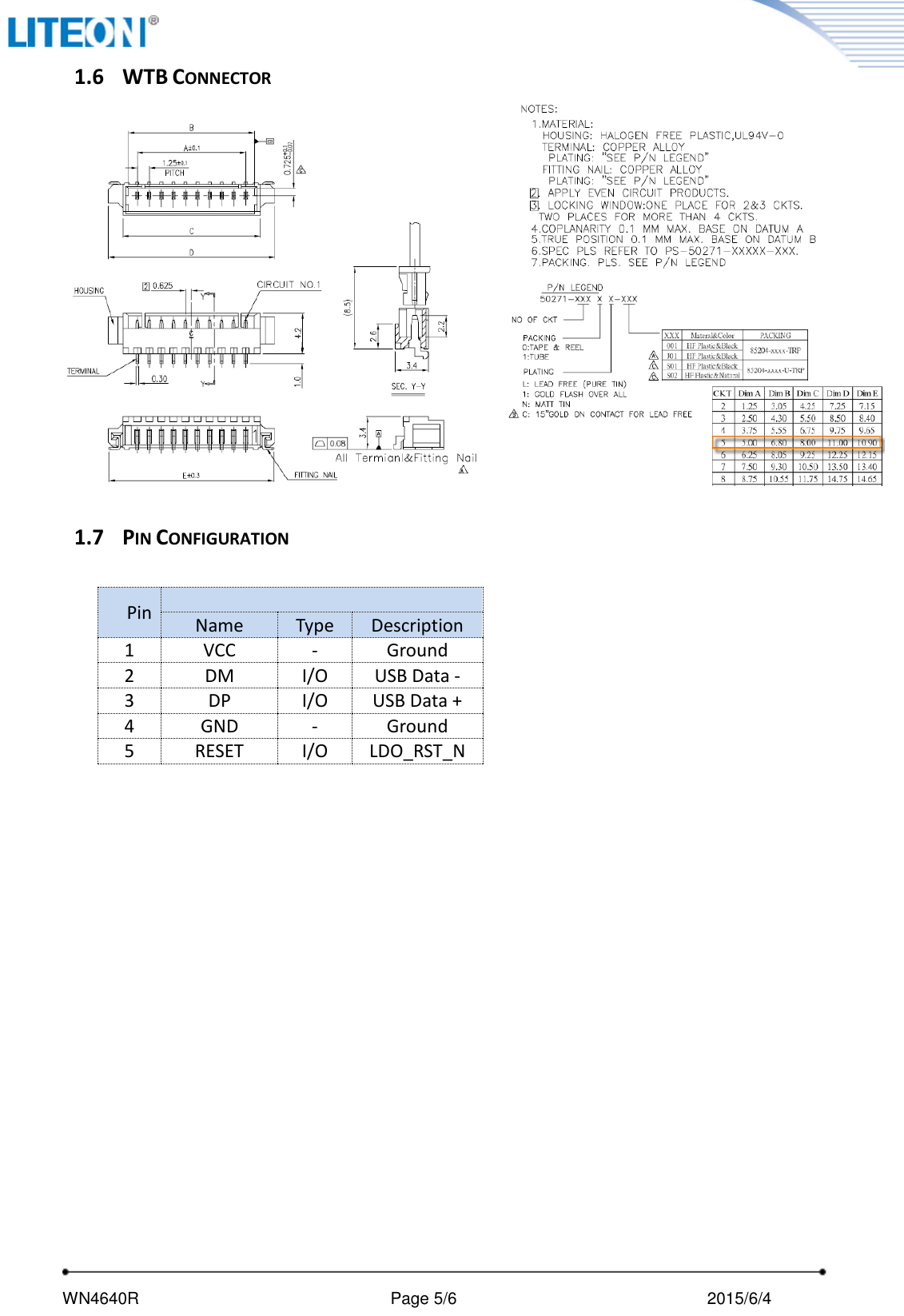     WN4640R                                                       Page 5/6                                               2015/6/4   1.6 WTB CONNECTOR   1.7 PIN CONFIGURATION    Pin  Name Type Description 1 VCC - Ground 2 DM I/O USB Data - 3 DP I/O USB Data + 4 GND - Ground 5 RESET I/O LDO_RST_N 