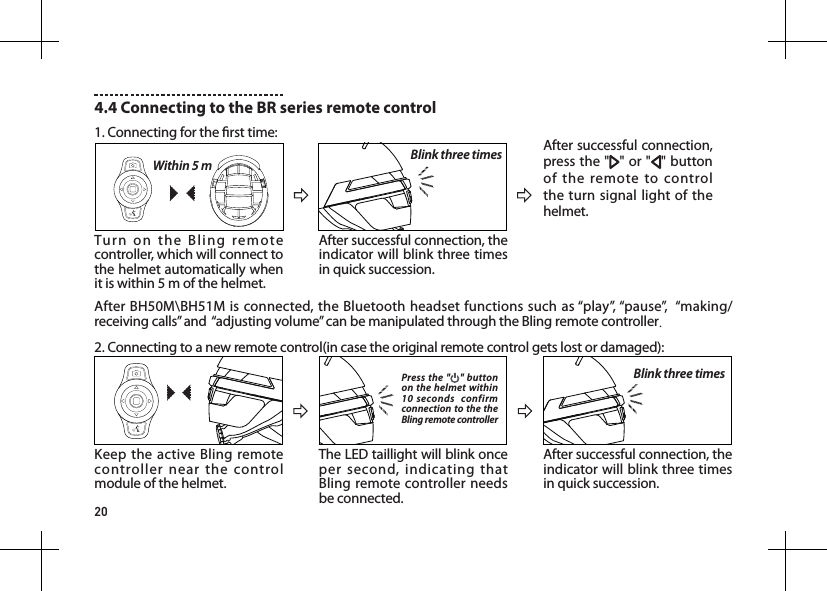 20Turn on the Bling remote controller, which will connect to the helmet automatically when it is within 5 m of the helmet. After BH50M\BH51M is connected, the Bluetooth headset functions such as &ldquo;play&rdquo;, &ldquo;pause&rdquo;,  &ldquo;making/receiving calls&rdquo; and  &ldquo;adjusting volume&rdquo; can be manipulated through the Bling remote controller.Within 5 mKeep the active Bling remote controller near the control module of the helmet.The LED taillight will blink once per second, indicating that Bling remote controller needs be connected.Press the " " button on the helmet within 10 seconds  confirm connection to the the Bling remote controllerAfter successful connection, the indicator will blink three times in quick succession.Blink three timesAfter successful connection, the indicator will blink three times in quick succession.Blink three times After successful connection, press the " " or " " button of the remote to control the turn signal light of the helmet.4.4 Connecting to the BR series remote control 1. Connecting for the rst time:2. Connecting to a new remote control(in case the original remote control gets lost or damaged):
