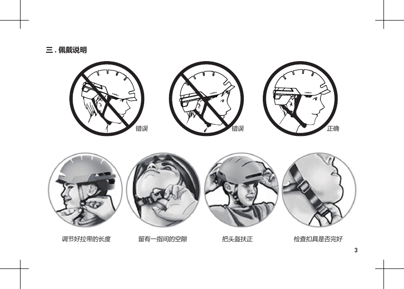 3三 . 佩戴说明错误错误 正确调节好拉带的长度 留有一指间的空隙 把头盔扶正 检查扣具是否完好