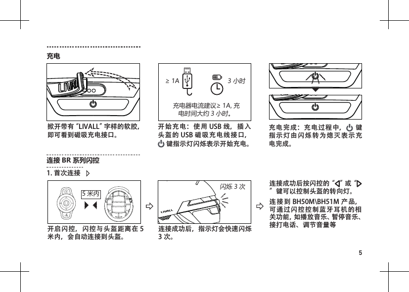 5充电开始充电：使用 USB 线，插入头盔的 USB 磁吸充电线接口， 键指示灯闪烁表示开始充电。 掀开带有&ldquo;LIVALL&rdquo;字样的软胶，即可看到磁吸充电接口。充电器电流建议&ge; 1A, 充电时间大约 3 小时。充电完成：充电过程中，  键指示灯由闪烁转为熄灭表示充电完成。&ge; 1A 3 小时开启闪控，闪控与头盔距离在 5米内，会自动连接到头盔。连接成功后，指示灯会快速闪烁3 次。连接成功后按闪控的&ldquo; &rdquo;或&ldquo;&rdquo;键可以控制头盔的转向灯。连接到 BH50M\BH51M 产品，可通过闪控控制蓝牙耳机的相关功能，如播放音乐、暂停音乐、接打电话、调节音量等连接 BR 系列闪控5 米内1. 首次连接闪烁3次