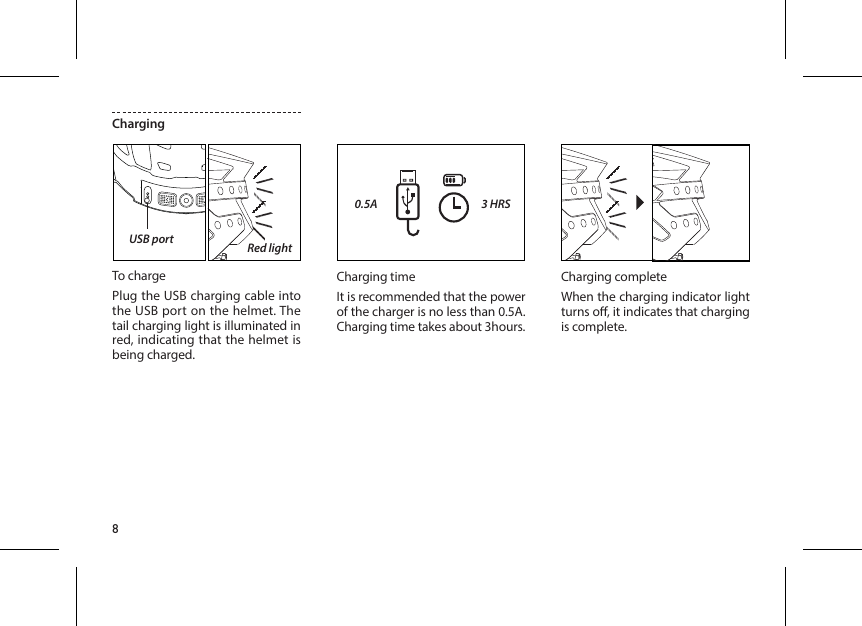 8ChargingTo chargePlug the USB charging cable into the USB port on the helmet. The tail charging light is illuminated in red, indicating that the helmet is being charged.Charging timeIt is recommended that the power of the charger is no less than 0.5A. Charging time takes about 3hours.Charging completeWhen the charging indicator light turns o, it indicates that charging is complete.USB port Red light0.5A 3 HRS
