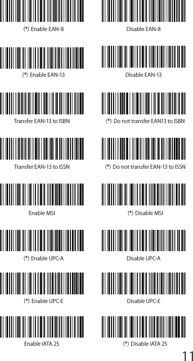 （*）Enable EAN-8 Disable EAN-8（*）Enable EAN-13 Disable EAN-13Transfer EAN-13 to ISBN （*）Do not transfer EAN13 to ISBNTransfer EAN-13 to ISSN （*）Do not transfer EAN-13 to ISSN（*）Enable UPC-A Disable UPC-A（*）Enable UPC-E Disable UPC-EEnable IATA 25 （*）Disable IATA 25Enable MSI （*）Disable MSI12345678 9 10 1112 13 14 1516 17 18 1920 21 22 2324 25 26 2728 29 30 31