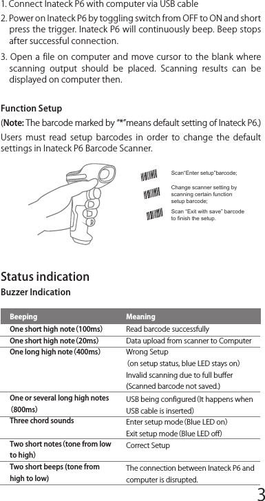 Use of Inateck P6StartupNote:1)  Inateck P6 will start sleep mode if there is no operation on it over 3 minutes. Short press on the trigger can wake it up.2) When the distance between Inateck P6 and its adapter exceeds the  eﬀective  range,  scanned  data  will  be  kept  in  the  buﬀer  of Inateck P6. Quickly double press on the trigger can upload data from buﬀer.Wireless Mode:1. Insert the 2.4G USB adapter into the USB port of computer. The initialization is completed if blue LED on the adapter blinks once.2. Power on Inateck P6 by toggling switch from OFF to ON. Short press the trigger to emit red laser beam and scan barcodes.3. Open a f ile  on  computer and  move cursor to  the blank where scanning  output  should  be  placed.  Scanning  results  can  be displayed on computer then.Wired Mode:Scan“Enter setup”barcode;Change scanner setting by scanning certain function setup barcode;Scan “Exit with save” barcode to finish the setup.1. Connect Inateck P6 with computer via USB cable2. Power on Inateck P6 by toggling switch from OFF to ON and short press the trigger. Inateck P6 will continuously beep. Beep stops after successful connection.3. Open a f ile  on  computer and  move cursor to  the blank where scanning  output  should  be  placed.  Scanning  results  can  be displayed on computer then.Function Setup(Note: The barcode marked by *means default setting of Inateck P6.)Users  must  read  setup  barcodes  in  order  to  change  the  default settings in Inateck P6 Barcode Scanner.Status indication Buzzer IndicationLED IndicationFrequently Used BarcodesSetting for Keyboard Language1. Read Enter setup Barcode2. Select and Scan your keyboard language Barcode3. ScanExit with Save Barcode to end language settingNote:  The  keyboard  language  of  Inateck  P6  should  keep consistent  with  that  on  computer,  otherwise,  garbled  might appear in scanning result.Setting for Pref ix/Suﬀ ixUsers can add pref ix/suﬀ ix to scanning result. The pref ix/suﬀ ix can have 1 to 8 digits. More details are as below.1. Scan Enter setup Barcode2. Scan Pref ix Setting or Suﬀ ix Setting3.  Scan  the  character  barcode  (8  characters  at  the  most).  For instance,  H#  is  the  pref ix/suﬀ ix  to  be  added  to  the  scanning result, scan the character barcode of  H and # below.4. Scan Exit with Save Barcode to end the settingBeeping MeaningRead barcode successfullyData upload from scanner to ComputerWrong Setup（on setup status, blue LED stays on）Invalid scanning due to full buﬀer(Scanned barcode not saved.)USB being conf igured（It happens when USB cable is inserted）Enter setup mode（Blue LED on）Exit setup mode（Blue LED oﬀ）Correct SetupThe connection between Inateck P6 and computer is disrupted.One short high note（100ms）One short high note（20ms）One long high note（400ms）One or several long high notes（800ms）Three chord soundsTwo short notes（tone from low to high）Two short beeps (tone from high to low)Frequently Used Pref ix/Suﬀ ix BarcodesNote: 1)  More  pref ix/suﬀ ix  barcodes  are  available  at  www.inateck.com. Users can download them from the site. For any other questions, please send email to support@inateck.com. 2)  Scanning  result  will  come  with  pref ix/suﬀ ix  after  the  setting. Nevertheless, pref ix/suﬀ ix can  be hidden  or  recovered. To hide pref ix/suﬀ ix,  scan  Enter  Setup  barcode,  Hide  Pref ix/Suﬀ ix barcode, and then Exit with Save barcode. To recover pref ix/suﬀ ix, scan Enter Setup barcode, Recover Pref ix/Suﬀ ix barcode, and then Exit with Save barcode.Delete Character(s) on Output ResultInateck P6 can help users delete character(s) on output result, either beginning  characters  or  the  ending  ones.  0  to  9  digits  can  be deleted. As default setting, no character, or say 0 digit is deleted as output result. More details are as below.1. Scan Enter Setup Barcode2. Scan Delete Beginning Character(s) Barcode or Delete Ending Character(s) Barcode3. Scan the digit(s)barcode to be deleted.4.Scan Exit with Save Barcode to end the settingNote: Refer to the setting of delete 0 digit character if no character should be deleted.Inventory ModeUsers  may  use inventory  mode  to  keep  scanned  barcodes in the buﬀer  of  Inateck  P6,  and  upload  them  to  computer  in  batches. Under  inventory  mode  users  are  not  restricted  to  the  time  and location when upload data. Of course, history data can be cleared in buﬀer. More details about inventory mode are as below.1. Scan the barcode to enter Inventory Mode2. Scan the barcode to return to Common Mode3. Scan the barcode to clear data in buﬀer (for Inventory Mode only).4. Scan the barcode to upload data from buﬀer (for Inventory Mode only)5. Scan the barcode to upload the number of scanned barcodes (for Inventory Mode only)Note:1)  To  use  inventory  mode,  users  just  need  scan  Enter  Inventory Mode barcode; and do not have to scan Enter Setup barcode before that.2) To end inventory mode, users just need scan Return to Common Mode barcode.Function Setup Barcodes1 2 345678 9 10 1112 13 14 1516 17 18 1920 21 22 2324 25 26 2728 29 30 31