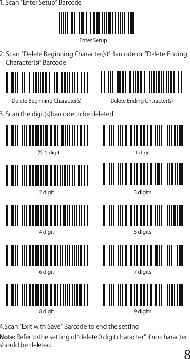 Delete Beginning Character(s) Delete Ending Character(s)（*）0 digit 1 digit2 digit 3 digits4 digit 5 digits6 digit 7 digits8 digit 9 digitsEnter SetupFrequently Used Pref ix/Suﬀ ix BarcodesNote: 1)  More  pref ix/suﬀ ix  barcodes  are  available  at  www.inateck.com. Users can download them from the site. For any other questions, please send email to support@inateck.com. 2)  Scanning  result  will  come  with  pref ix/suﬀ ix  after  the  setting. Nevertheless, pref ix/suﬀ ix can  be hidden  or  recovered. To hide pref ix/suﬀ ix,  scan  Enter  Setup  barcode,  Hide  Pref ix/Suﬀ ix barcode, and then Exit with Save barcode. To recover pref ix/suﬀ ix, scan Enter Setup barcode, Recover Pref ix/Suﬀ ix barcode, and then Exit with Save barcode.Delete Character(s) on Output ResultInateck P6 can help users delete character(s) on output result, either beginning  characters  or  the  ending  ones.  0  to  9  digits  can  be deleted. As default setting, no character, or say 0 digit is deleted as output result. More details are as below.1. Scan Enter Setup Barcode2. Scan Delete Beginning Character(s) Barcode or Delete Ending Character(s) Barcode3. Scan the digit(s)barcode to be deleted.4.Scan Exit with Save Barcode to end the settingNote: Refer to the setting of delete 0 digit character if no character should be deleted.Inventory ModeUsers  may  use inventory  mode  to  keep  scanned  barcodes in the buﬀer  of  Inateck  P6,  and  upload  them  to  computer  in  batches. Under  inventory  mode  users  are  not  restricted  to  the  time  and location when upload data. Of course, history data can be cleared in buﬀer. More details about inventory mode are as below.1. Scan the barcode to enter Inventory Mode2. Scan the barcode to return to Common Mode3. Scan the barcode to clear data in buﬀer (for Inventory Mode only).4. Scan the barcode to upload data from buﬀer (for Inventory Mode only)5. Scan the barcode to upload the number of scanned barcodes (for Inventory Mode only)Note:1)  To  use  inventory  mode,  users  just  need  scan  Enter  Inventory Mode barcode; and do not have to scan Enter Setup barcode before that.2) To end inventory mode, users just need scan Return to Common Mode barcode.Function Setup Barcodes12345678 9 10 1112 13 14 1516 17 18 1920 21 22 2324 25 26 2728 29 30 31