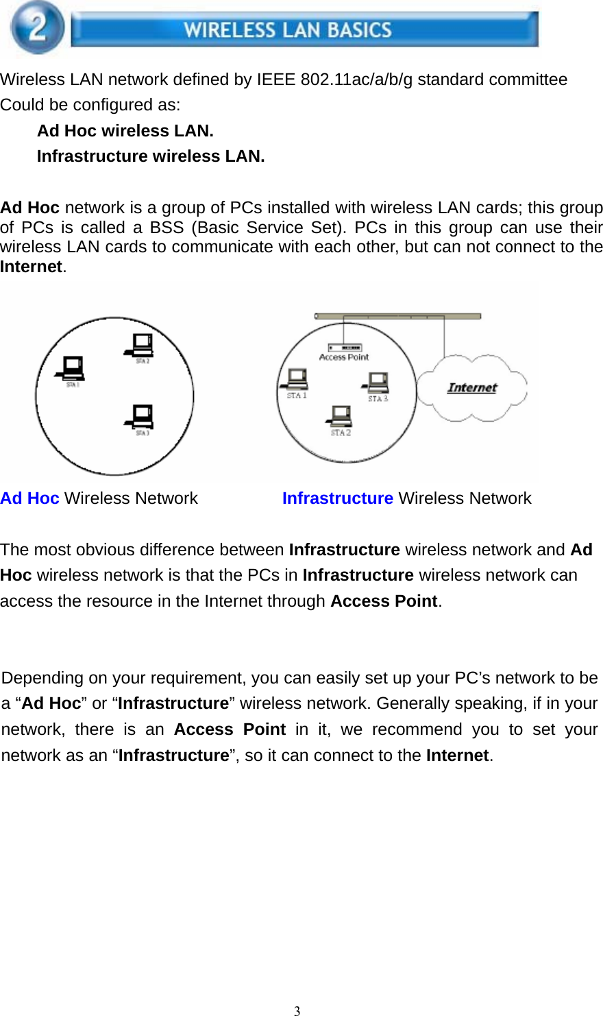 3     Wireless LAN network defined by IEEE 802.11ac/a/b/g standard committee Could be configured as: Ad Hoc wireless LAN. Infrastructure wireless LAN.   Ad Hoc network is a group of PCs installed with wireless LAN cards; this group of PCs is called a BSS (Basic Service Set). PCs in this group can use their wireless LAN cards to communicate with each other, but can not connect to the Internet.  Ad Hoc Wireless Network  Infrastructure Wireless Network   The most obvious difference between Infrastructure wireless network and Ad Hoc wireless network is that the PCs in Infrastructure wireless network can access the resource in the Internet through Access Point.     Depending on your requirement, you can easily set up your PC’s network to be a “Ad Hoc” or “Infrastructure” wireless network. Generally speaking, if in your network, there is an Access Point in it, we recommend you to set your network as an “Infrastructure”, so it can connect to the Internet.