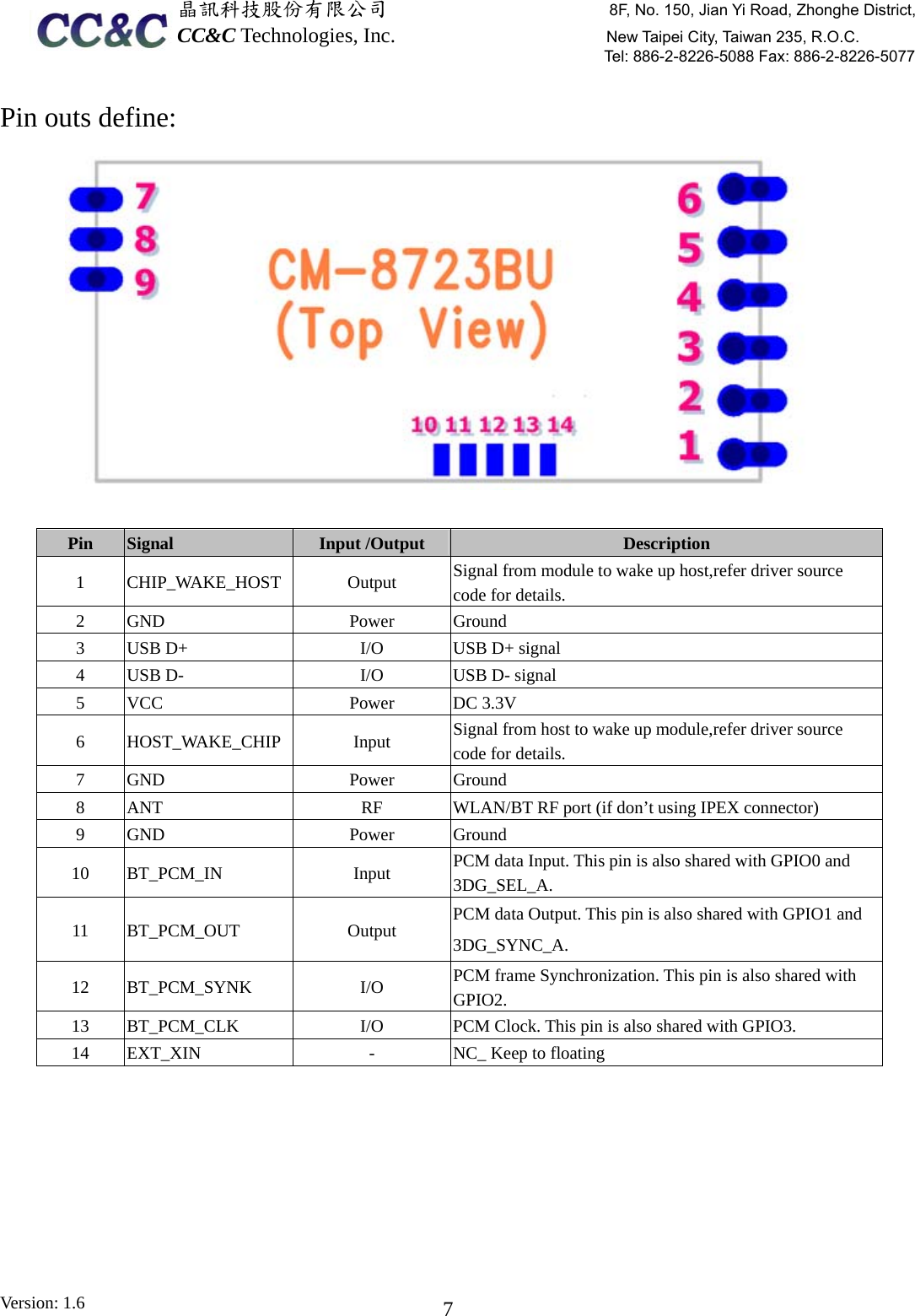  晶訊科技股份有限公司                     8F, No. 150, Jian Yi Road, Zhonghe District,CC&amp;C Technologies, Inc.                    New Taipei City, Taiwan 235, R.O.C. Tel: 886-2-8226-5088 Fax: 886-2-8226-5077 Version: 1.6    7Pin outs define:  Pin  Signal  Input /Output  Description 1 CHIP_WAKE_HOST  Output  Signal from module to wake up host,refer driver source code for details. 2 GND  Power  Ground 3  USB D+  I/O  USB D+ signal 4  USB D-  I/O  USB D- signal 5 VCC  Power  DC 3.3V 6 HOST_WAKE_CHIP  Input  Signal from host to wake up module,refer driver source code for details. 7 GND  Power  Ground 8  ANT  RF  WLAN/BT RF port (if don’t using IPEX connector) 9 GND  Power  Ground 10 BT_PCM_IN  Input  PCM data Input. This pin is also shared with GPIO0 and 3DG_SEL_A. 11 BT_PCM_OUT  Output  PCM data Output. This pin is also shared with GPIO1 and 3DG_SYNC_A. 12 BT_PCM_SYNK  I/O  PCM frame Synchronization. This pin is also shared with GPIO2. 13  BT_PCM_CLK  I/O  PCM Clock. This pin is also shared with GPIO3. 14  EXT_XIN  -  NC_ Keep to floating  