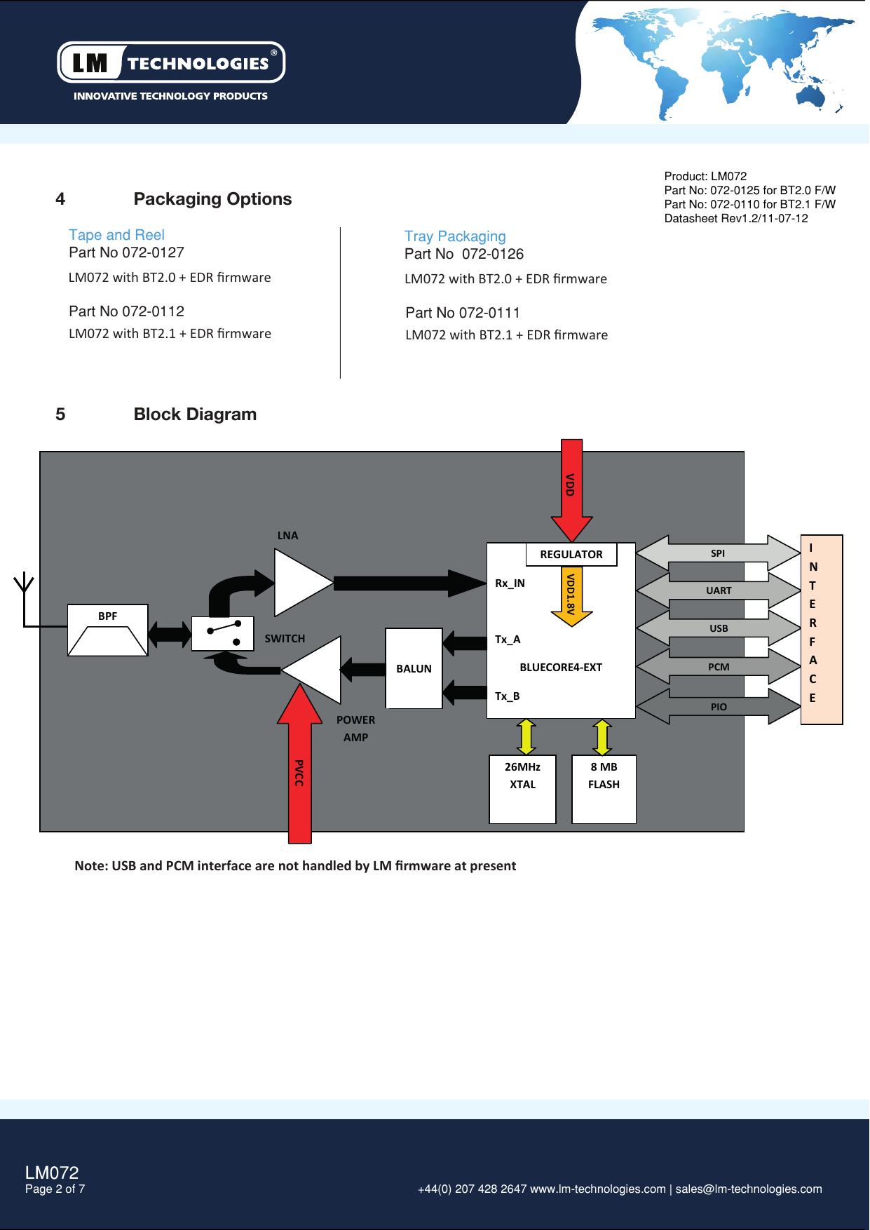 LM072Page 2 of 7  +44(0) 207 428 2647 www.lm-technologies.com | sales@lm-technologies.com 4              Packaging OptionsLM072 with BT2.0 + EDR ﬁrmware5              Block DiagramTape and Reel Part No 072-0127Tray PackagingPart No  072-0126Product: LM072Part No: 072-0125 for BT2.0 F/WPart No: 072-0110 for BT2.1 F/WDatasheet Rev1.2/11-07-12LM072 with BT2.0 + EDR ﬁrmwarePart No 072-0112LM072 with BT2.1 + EDR ﬁrmwarePart No 072-0111LM072 with BT2.1 + EDR ﬁrmwareNote: USB and PCM interface are not handled by LM ﬁrmware at present    Rx_IN  Tx_A BLUECORE4-EXT Tx_B 26MHz XTAL 8 MB FLASH REGULATOR SPI UART USB PCM PIO  BALUN I N T E R F A C E            LNA PVCC POWER AMP SWITCH BPF VDD  VDD1.8V 