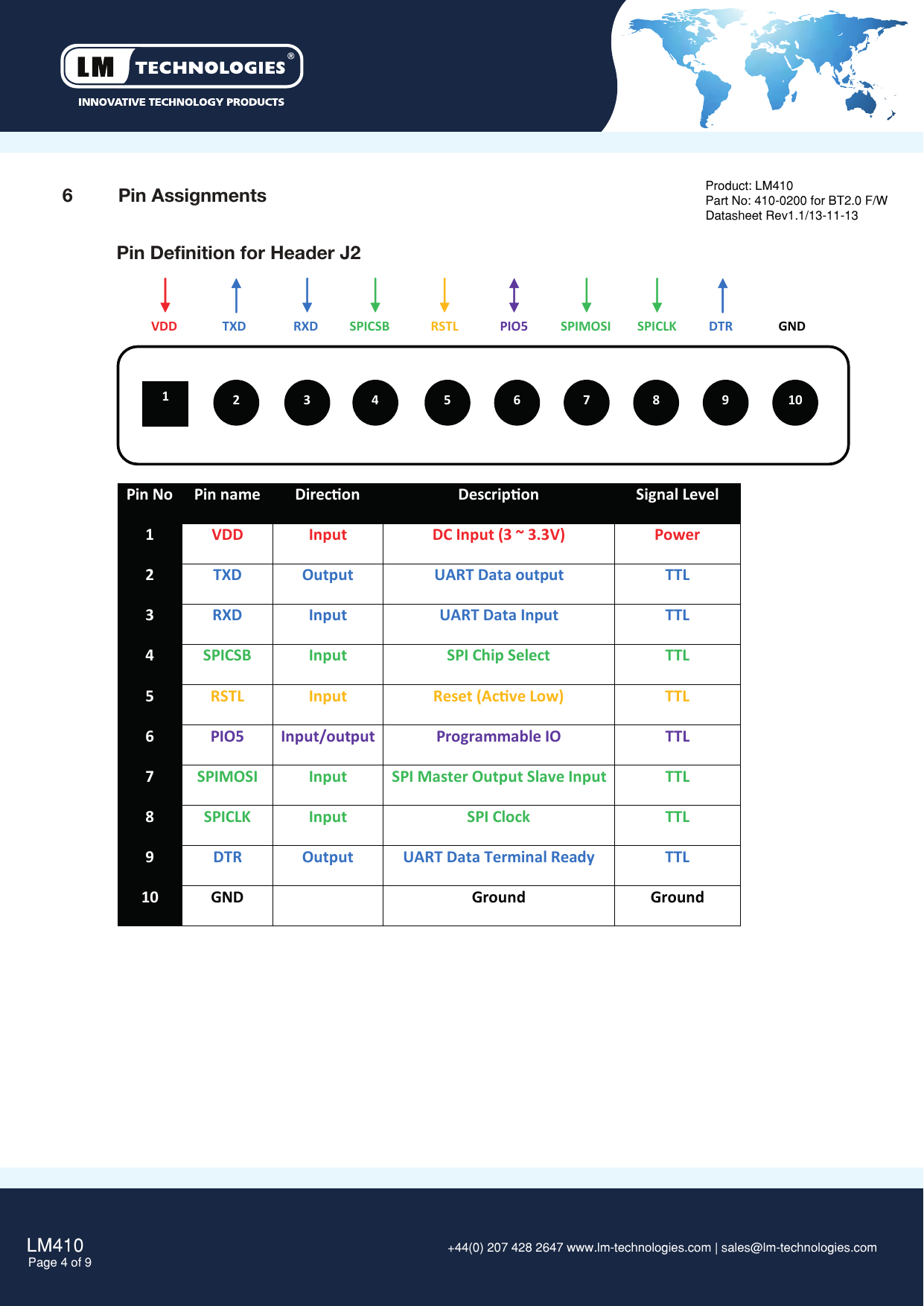 LM410Page 4 of 96  Pin Assignments +44(0) 207 428 2647 www.lm-technologies.com | sales@lm-technologies.com Product: LM410Part No: 410-0200 for BT2.0 F/WDatasheet Rev1.1/13-11-13Pin Definition for Header J2 3214 5 6 7 8 9 10VDDTXDRXDSPICSBRSTLPIO5SPIMOSI SPICLKDTRGNDPin NoPin nameDireconDescriponSignal Level 1VDD Input DC Input (3 ~ 3.3V) Power2TXD Output UART Data output TTL3RXD Input UART Data Input TTL4SPICSB Input SPI Chip Select TTL5RSTL Input Reset (Acve Low) TTL6PIO5 Input/output Programmable IO TTL7SPIMOSI Input SPI Master Output Slave Input  TTL8SPICLK Input SPI Clock TTL9DTR Output UART Data Terminal Ready TTL10 GND Ground Ground