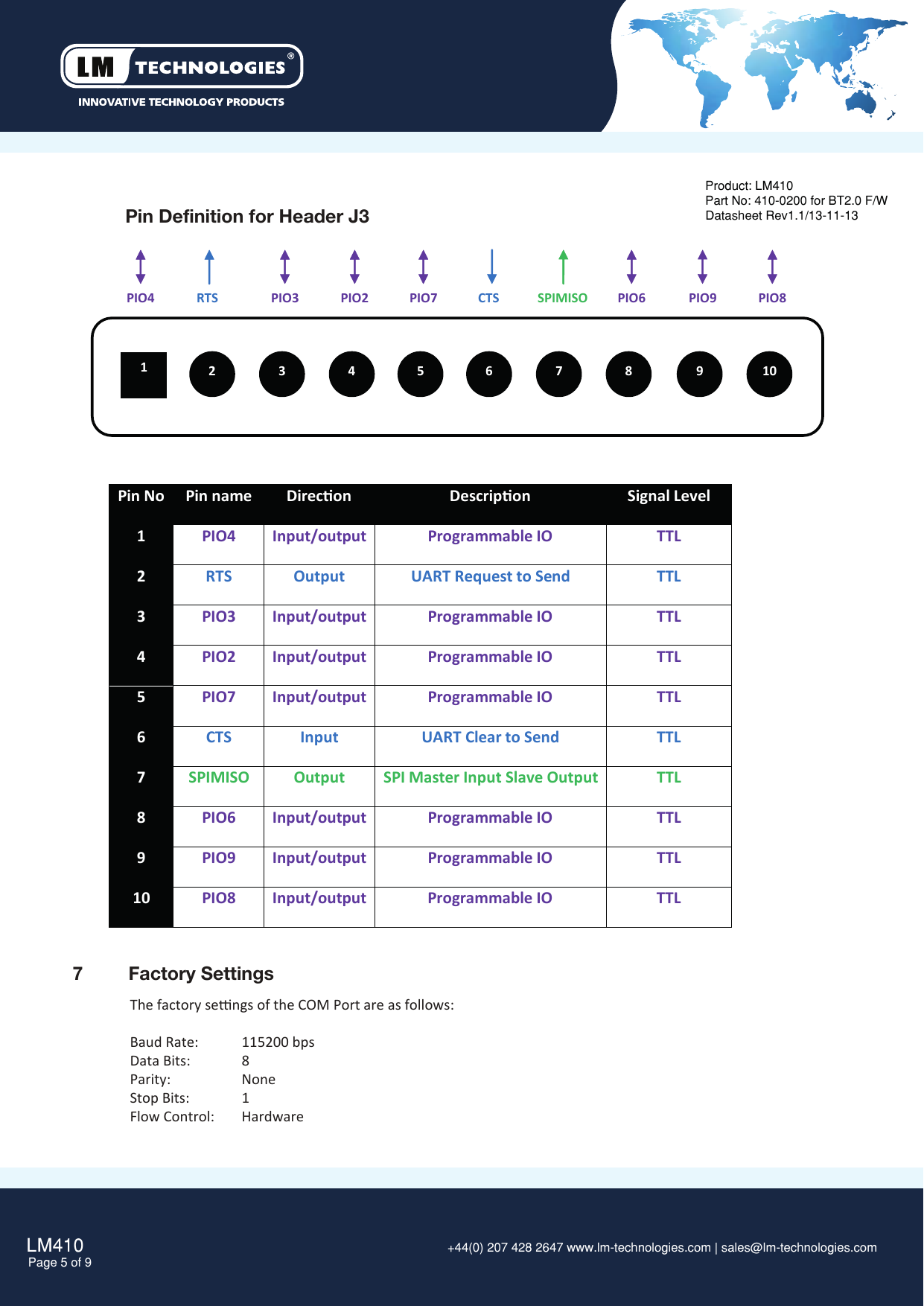 7  Factory SettingsThe factory sengs of the COM Port are as follows:Baud Rate:  115200 bpsData Bits:  8Parity:    NoneStop Bits:  1Flow Control:  HardwareLM410Page 5 of 9 +44(0) 207 428 2647 www.lm-technologies.com | sales@lm-technologies.com Product: LM410Part No: 410-0200 for BT2.0 F/WDatasheet Rev1.1/13-11-13Pin Definition for Header J3 32145678910PIO4 RTS PIO3 PIO2 PIO7 CTS SPIMISO PIO6 PIO9 PIO8Pin No Pin name Direcon Descripon Signal Level1PIO4 Input/output Programmable IO TTL2RTS Output UART Request to Send  TTL3PIO3 Input/output Programmable IO TTL4PIO2 Input/output Programmable IO TTL5PIO7 Input/output Programmable IO TTL6CTS Input UART Clear to Send  TTL7SPIMISO Output SPI Master Input Slave Output TTL8PIO6 Input/output Programmable IO TTL9PIO9 Input/output Programmable IO TTL10PIO8Input/outputProgrammable IOTTL