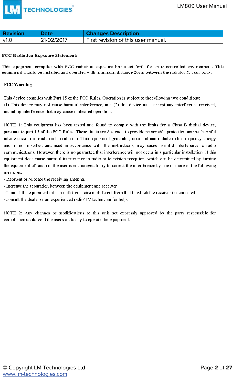 © Copyright LM Technologies Ltd   Page 2 of 27 www.lm-technologies.com LM809 User Manual Revision Date Changes Description v1.0 21/02/2017 First revision of this user manual.