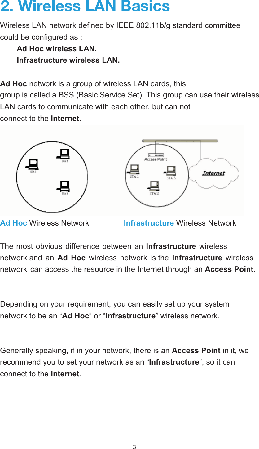 3 Wireless LAN network defined by IEEE 802.11b/g standard committee could be configured as : Ad Hoc wireless LAN. Infrastructure wireless LAN.Ad Hoc network is a group of wireless LAN cards, this group is called a BSS (Basic Service Set). This group can use their wireless LAN cards to communicate with each other, but can not connect to the Internet. Ad Hoc Wireless Network Infrastructure Wireless Network The most obvious difference between Infrastructure wirelessnetwork and   Ad Hoc wireless network i Infrastructure wirelessnetwork  can access the resource in the Internet through Access Point.Depending on your requirement, you can easily set up your systemnetwork to be a“Ad Hoc”or “Infrastructure”wireless networkGenerally speaking, if in your network, there is an Access Point in it, werecommend you to set your network as an “Infrastructure”, so it canconnect to the Internet. &gt;PYLSLZZ3(5)HZPJZ