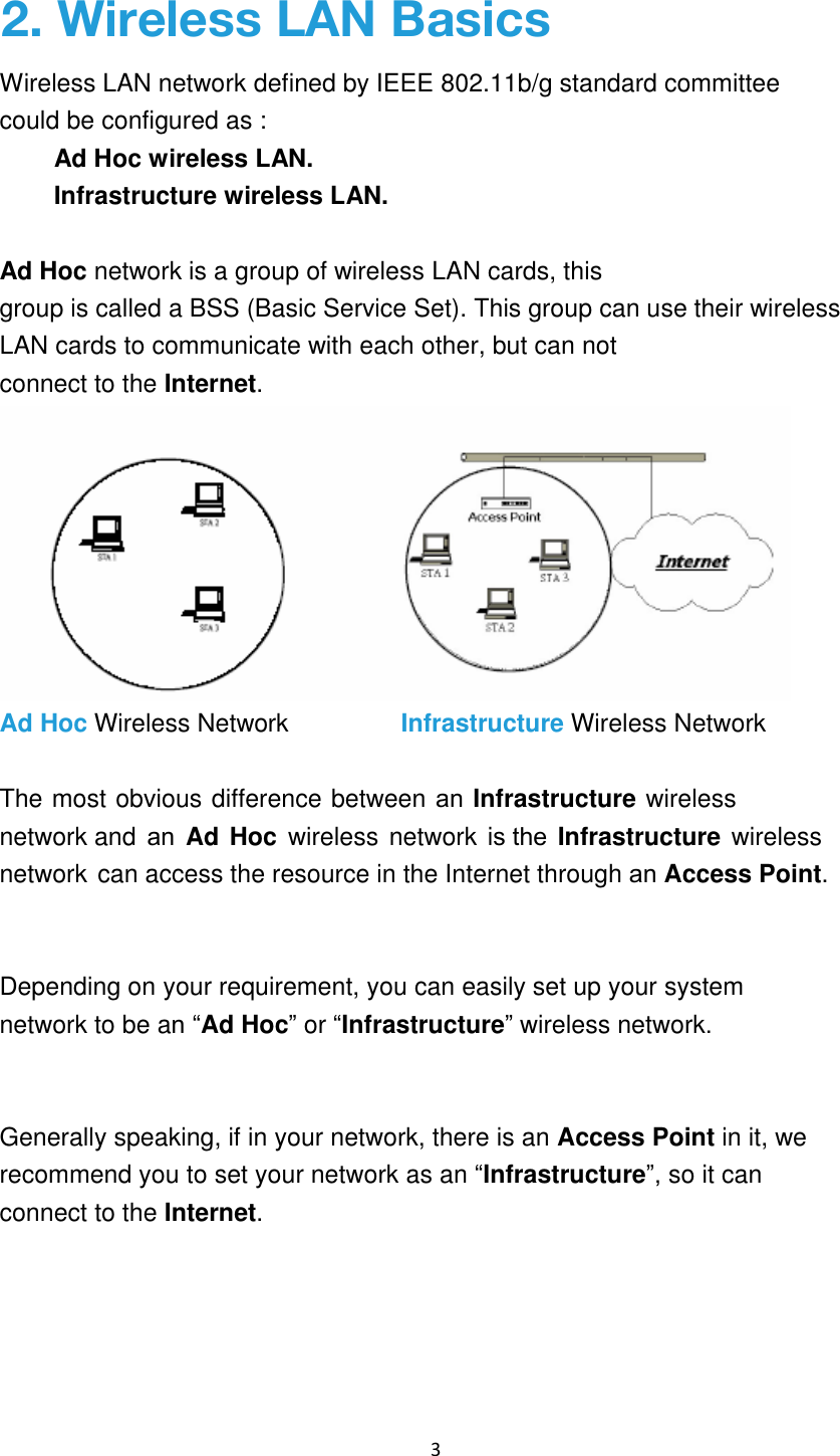 3 Wireless LAN network defined by IEEE 802.11b/g standard committee could be configured as : Ad Hoc wireless LAN. Infrastructure wireless LAN. Ad Hoc network is a group of wireless LAN cards, this group is called a BSS (Basic Service Set). This group can use their wireless LAN cards to communicate with each other, but can not connect to the Internet. Ad Hoc Wireless Network  Infrastructure Wireless Network The most obvious difference between an Infrastructure wirelessnetwork and an Ad Hoc wireless  network is the Infrastructure wirelessnetwork can access the resource in the Internet through an Access Point.Depending on your requirement, you can easily set up your system network to be an “Ad Hoc” or “Infrastructure” wireless network.Generally speaking, if in your network, there is an Access Point in it, we recommend you to set your network as an “Infrastructure”, so it can connect to the Internet. 2. Wireless LAN Basics