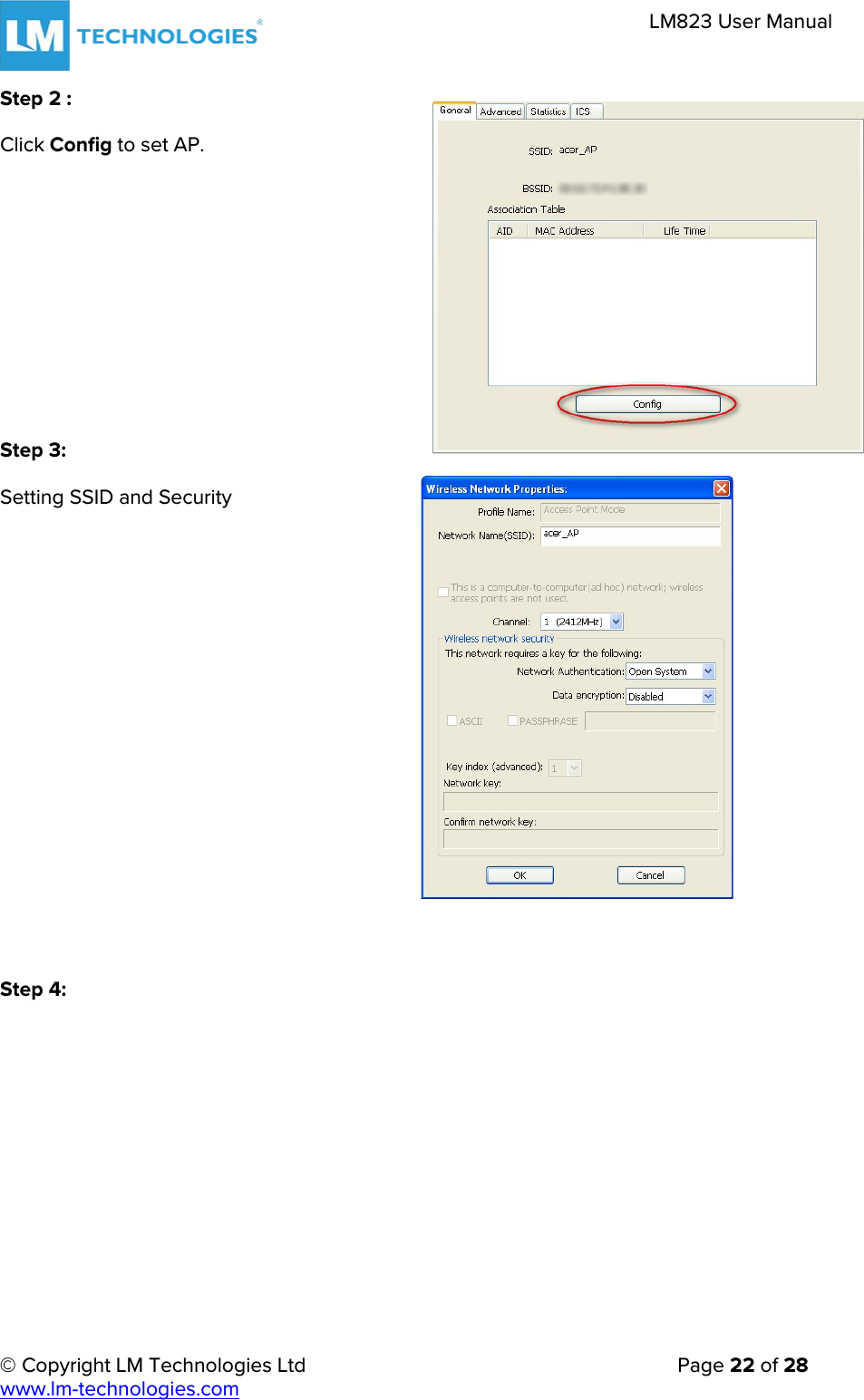 © Copyright LM Technologies Ltd   Page 22 of 28 www.lm-technologies.com LM823 User Manual Step 2 : Click Config to set AP. Step 3: Setting SSID and Security Step 4: 