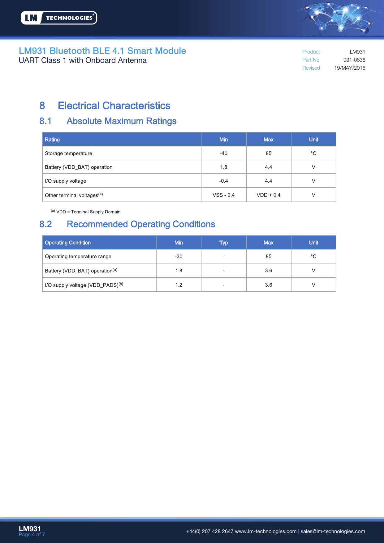 LM931 Bluetooth BLE 4.1 Smart ModuleUART Class 1 with Onboard Antenna Part NoRevisedProduct19/MAY/2015931-0636LM931LM931Page 4 of 7  +44(0) 207 428 2647 www.lm-technologies.com | sales@lm-technologies.com