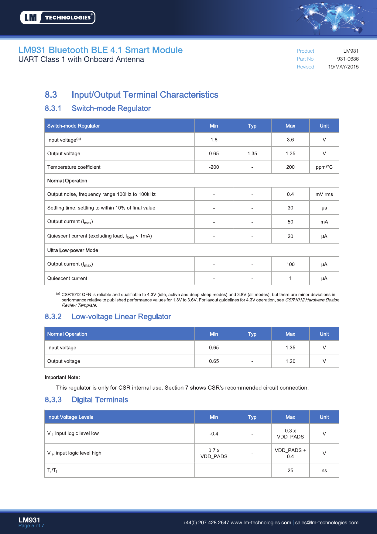 LM931 Bluetooth BLE 4.1 Smart ModuleUART Class 1 with Onboard Antenna Part NoRevisedProduct19/MAY/2015931-0636LM931LM931Page 5 of 7  +44(0) 207 428 2647 www.lm-technologies.com | sales@lm-technologies.com