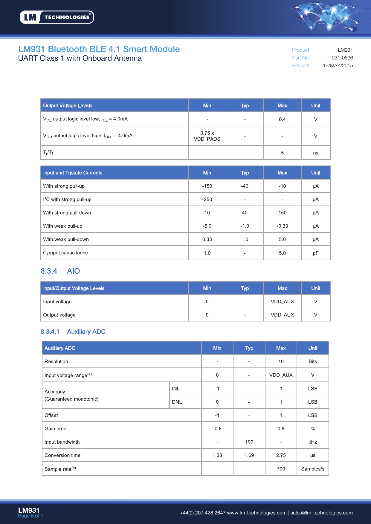 LM931 Bluetooth BLE 4.1 Smart ModuleUART Class 1 with Onboard Antenna Part NoRevisedProduct19/MAY/2015931-0636LM931LM931Page 6 of 7  +44(0) 207 428 2647 www.lm-technologies.com | sales@lm-technologies.com