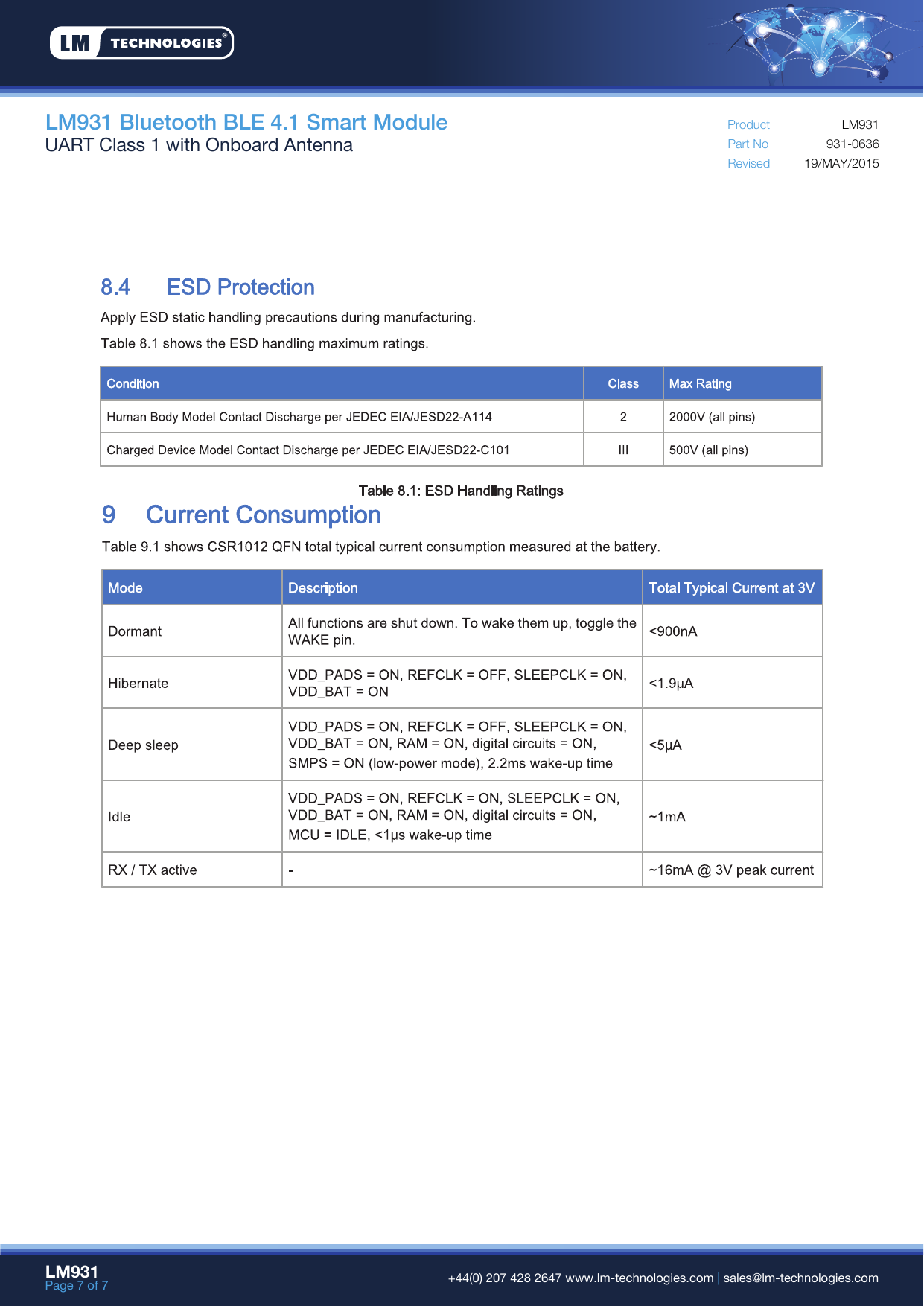 LM931 Bluetooth BLE 4.1 Smart ModuleUART Class 1 with Onboard Antenna Part NoRevisedProduct19/MAY/2015931-0636LM931LM931Page 7 of 7  +44(0) 207 428 2647 www.lm-technologies.com | sales@lm-technologies.com