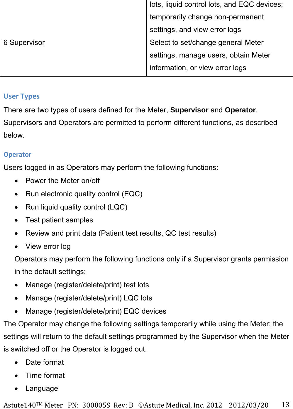 Astute140TMMeterPN:300005SRev:BAstuteMedical,Inc.20122012/03/20 13lots, liquid control lots, and EQC devices; temporarily change non-permanent settings, and view error logs  6 Supervisor  Select to set/change general Meter settings, manage users, obtain Meter information, or view error logs UserTypesThere are two types of users defined for the Meter, Supervisor and Operator. Supervisors and Operators are permitted to perform different functions, as described below. OperatorUsers logged in as Operators may perform the following functions:   Power the Meter on/off   Run electronic quality control (EQC)   Run liquid quality control (LQC)    Test patient samples   Review and print data (Patient test results, QC test results)   View error log Operators may perform the following functions only if a Supervisor grants permission in the default settings:   Manage (register/delete/print) test lots  Manage (register/delete/print) LQC lots  Manage (register/delete/print) EQC devices The Operator may change the following settings temporarily while using the Meter; the settings will return to the default settings programmed by the Supervisor when the Meter is switched off or the Operator is logged out.  Date format  Time format  Language 