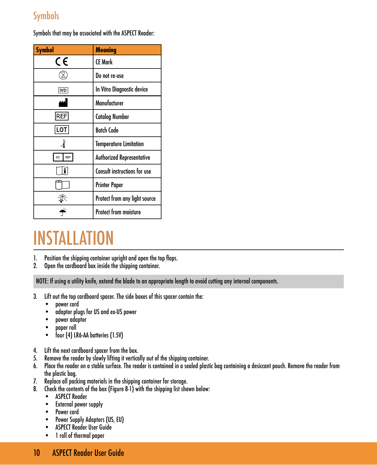 10       ASPECT Reader User GuideSymbolsSymbols that may be associated with the ASPECT Reader:Symbol MeaningCCE MarkDDo not re-useVIn Vitro Diagnostic deviceMManufacturerhCatalog NumbergBatch CoderTemperature LimitationPAuthorized RepresentativeiConsult instructions for usePrinter PaperwProtect from any light sourcepProtect from moistureINSTALLATION1.  Position the shipping container upright and open the top aps.2.  Open the cardboard box inside the shipping container.  NOTE: If using a utility knife, extend the blade to an appropriate length to avoid cutting any internal components. 3.  Lift out the top cardboard spacer. The side boxes of this spacer contain the:&bull;  power cord&bull;  adaptor plugs for US and ex-US power&bull;  power adaptor&bull;  paper roll&bull;  four (4) LR6-AA batteries (1.5V)4.  Lift the next cardboard spacer from the box.5.  Remove the reader by slowly lifting it vertically out of the shipping container.6.  Place the reader on a stable surface. The reader is contained in a sealed plastic bag containing a desiccant pouch. Remove the reader from the plastic bag.7.  Replace all packing materials in the shipping container for storage.8.  Check the contents of the box (Figure 8-1) with the shipping list shown below:&bull;  ASPECT Reader&bull;  External power supply&bull;  Power cord&bull;  Power Supply Adaptors (US, EU)&bull;  ASPECT Reader User Guide&bull;  1 roll of thermal paper