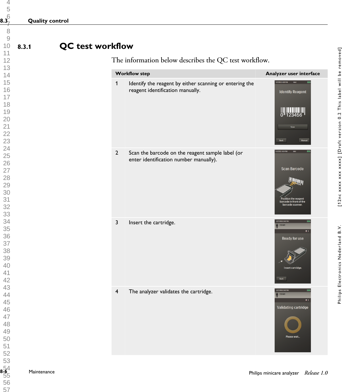  1 2 3 4 5 6 7 8 9 10 11 12 13 14 15 16 17 18 19 20 21 22 23 24 25 26 27 28 29 30 31 32 33 34 35 36 37 38 39 40 41 42 43 44 45 46 47 48 49 50 51 52 53 54 55 56 57 58 59 60 QC test workflowThe information below describes the QC test workflow.Workflow step Analyzer user interface1 Identify the reagent by either scanning or entering thereagent identification manually.2 Scan the barcode on the reagent sample label (orenter identification number manually).3 Insert the cartridge.4 The analyzer validates the cartridge.8.3.18.3 Quality control8-6 Maintenance Philips minicare analyzer Release 1.0Philips Electronics Nederland B.V. [12nc xxxx xxx xxxx] [Draft version 0.2 This label will be removed]