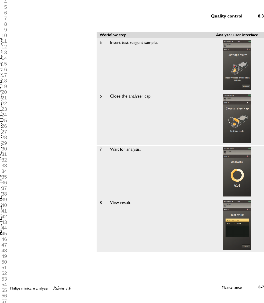  1 2 3 4 5 6 7 8 9 10 11 12 13 14 15 16 17 18 19 20 21 22 23 24 25 26 27 28 29 30 31 32 33 34 35 36 37 38 39 40 41 42 43 44 45 46 47 48 49 50 51 52 53 54 55 56 57 58 59 60 Workflow step Analyzer user interface5 Insert test reagent sample.6 Close the analyzer cap.7 Wait for analysis.8 View result.Quality control 8.3Philips minicare analyzer Release 1.0 Maintenance 8-7Philips Electronics Nederland B.V. [12nc xxxx xxx xxxx] [Draft version 0.2 This label will be removed]