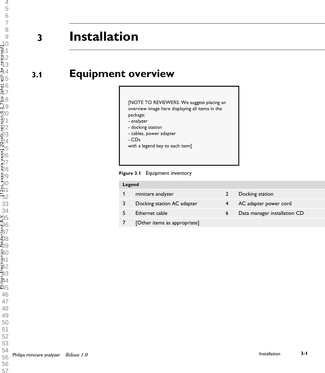 1 2 3 4 5 6 7 8 9 10 11 12 13 14 15 16 17 18 19 20 21 22 23 24 25 26 27 28 29 30 31 32 33 34 35 36 37 38 39 40 41 42 43 44 45 46 47 48 49 50 51 52 53 54 55 56 57 58 59 60 InstallationEquipment overviewFigure 3.1  Equipment inventoryLegend1 minicare analyzer 2 Docking station3 Docking station AC adapter 4 AC adapter power cord5 Ethernet cable 6 Data manager installation CD7 [Other items as appropriate]    33.1Philips minicare analyzer Release 1.0 Installation 3-1Philips Electronics Nederland B.V. [12nc xxxx xxx xxxx] [Draft version 0.2 This label will be removed]