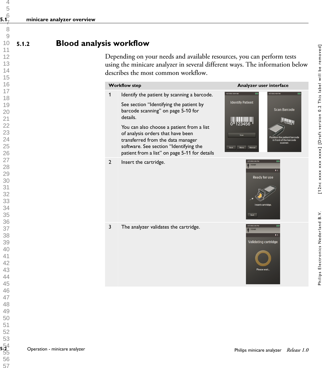  1 2 3 4 5 6 7 8 9 10 11 12 13 14 15 16 17 18 19 20 21 22 23 24 25 26 27 28 29 30 31 32 33 34 35 36 37 38 39 40 41 42 43 44 45 46 47 48 49 50 51 52 53 54 55 56 57 58 59 60 Blood analysis workflowDepending on your needs and available resources, you can perform testsusing the minicare analyzer in several different ways. The information belowdescribes the most common workflow.Workflow step Analyzer user interface1 Identify the patient by scanning a barcode.See section &ldquo;Identifying the patient bybarcode scanning&rdquo; on page 5-10 fordetails.You can also choose a patient from a listof analysis orders that have beentransferred from the data managersoftware. See section &ldquo;Identifying thepatient from a list&rdquo; on page 5-11 for details2 Insert the cartridge.3 The analyzer validates the cartridge.5.1.25.1 minicare analyzer overview5-2 Operation - minicare analyzer Philips minicare analyzer Release 1.0Philips Electronics Nederland B.V. [12nc xxxx xxx xxxx] [Draft version 0.2 This label will be removed]