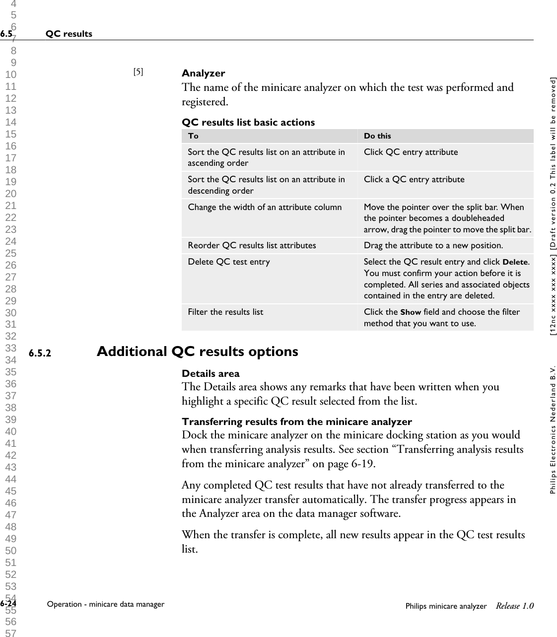  1 2 3 4 5 6 7 8 9 10 11 12 13 14 15 16 17 18 19 20 21 22 23 24 25 26 27 28 29 30 31 32 33 34 35 36 37 38 39 40 41 42 43 44 45 46 47 48 49 50 51 52 53 54 55 56 57 58 59 60 AnalyzerThe name of the minicare analyzer on which the test was performed andregistered.QC results list basic actionsTo Do thisSort the QC results list on an attribute inascending orderClick QC entry attributeSort the QC results list on an attribute indescending orderClick a QC entry attributeChange the width of an attribute column Move the pointer over the split bar. Whenthe pointer becomes a doubleheadedarrow, drag the pointer to move the split bar.Reorder QC results list attributes Drag the attribute to a new position.Delete QC test entry Select the QC result entry and click Delete.You must confirm your action before it iscompleted. All series and associated objectscontained in the entry are deleted.Filter the results list Click the Show field and choose the filtermethod that you want to use.Additional QC results optionsDetails areaThe Details area shows any remarks that have been written when youhighlight a specific QC result selected from the list.Transferring results from the minicare analyzerDock the minicare analyzer on the minicare docking station as you wouldwhen transferring analysis results. See section &ldquo;Transferring analysis resultsfrom the minicare analyzer&rdquo; on page 6-19.Any completed QC test results that have not already transferred to theminicare analyzer transfer automatically. The transfer progress appears inthe Analyzer area on the data manager software.When the transfer is complete, all new results appear in the QC test resultslist.[5] 6.5.26.5 QC results6-24 Operation - minicare data manager Philips minicare analyzer Release 1.0Philips Electronics Nederland B.V. [12nc xxxx xxx xxxx] [Draft version 0.2 This label will be removed]