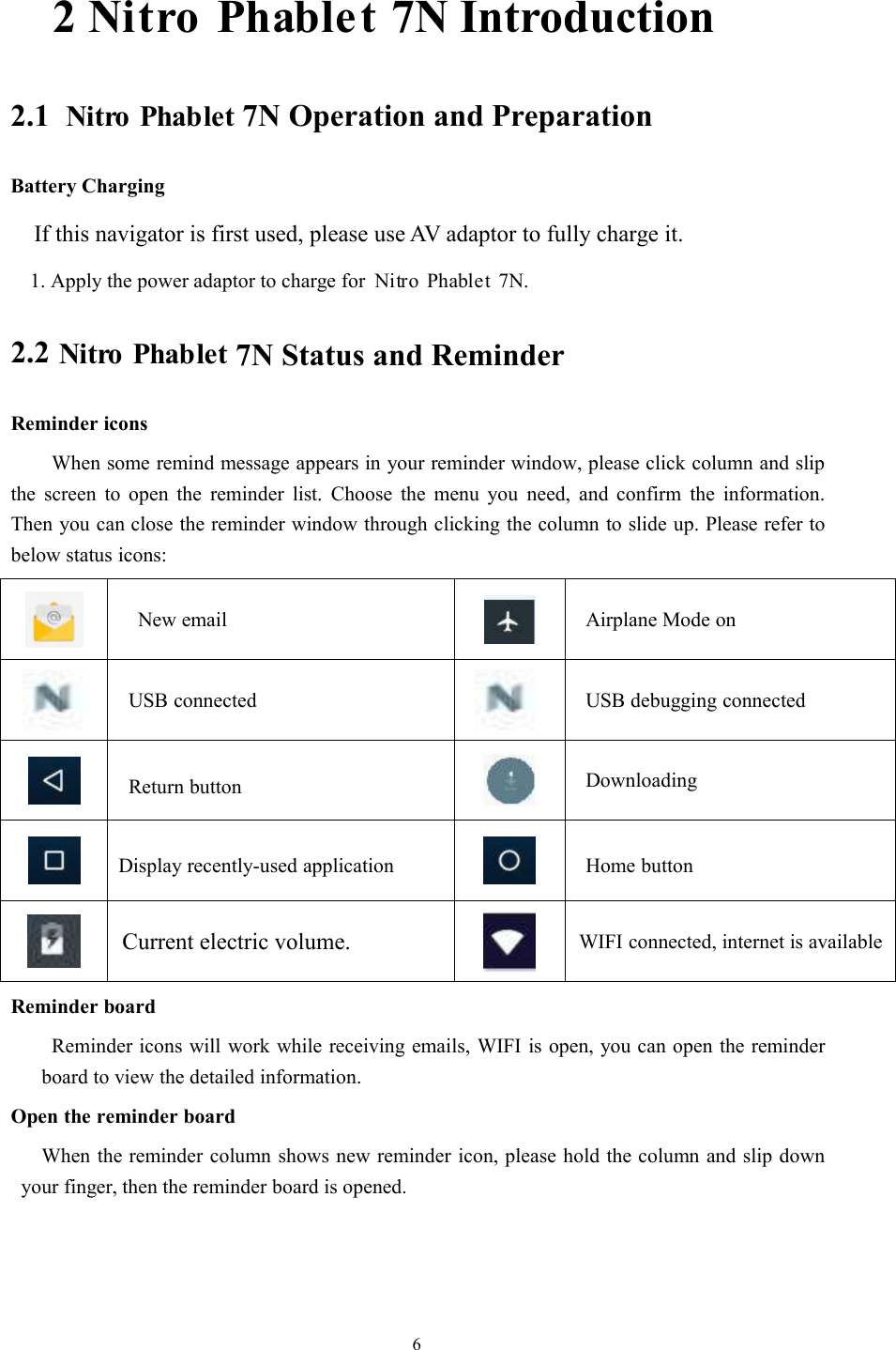 62 Nitro Phablet 7N Introduction2.1 7N Operation and PreparationBattery ChargingIf this navigator is first used, please use AV adaptor to fully charge it.1. Apply the power adaptor to charge for 7N.2.27N Status and ReminderReminder iconsWhen some remind message appears in your reminder window, please click column and slipthe screen to open the reminder list. Choose the menu you need, and confirm the information.Then you can close the reminder window through clicking the column to slide up. Please refer tobelow status icons:New email Airplane Mode onUSB connected USB debugging connectedReturn button DownloadingDisplay recently-used application Home buttonCurrent electric volume. WIFI connected, internet is availableReminder boardReminder icons will work while receiving emails, WIFI is open, you can open the reminderboard to view the detailed information.Open the reminder boardWhen the reminder column shows new reminder icon, please hold the column and slip downyour finger, then the reminder board is opened.Nitro PhabletNitro PhabletNitro Phablet