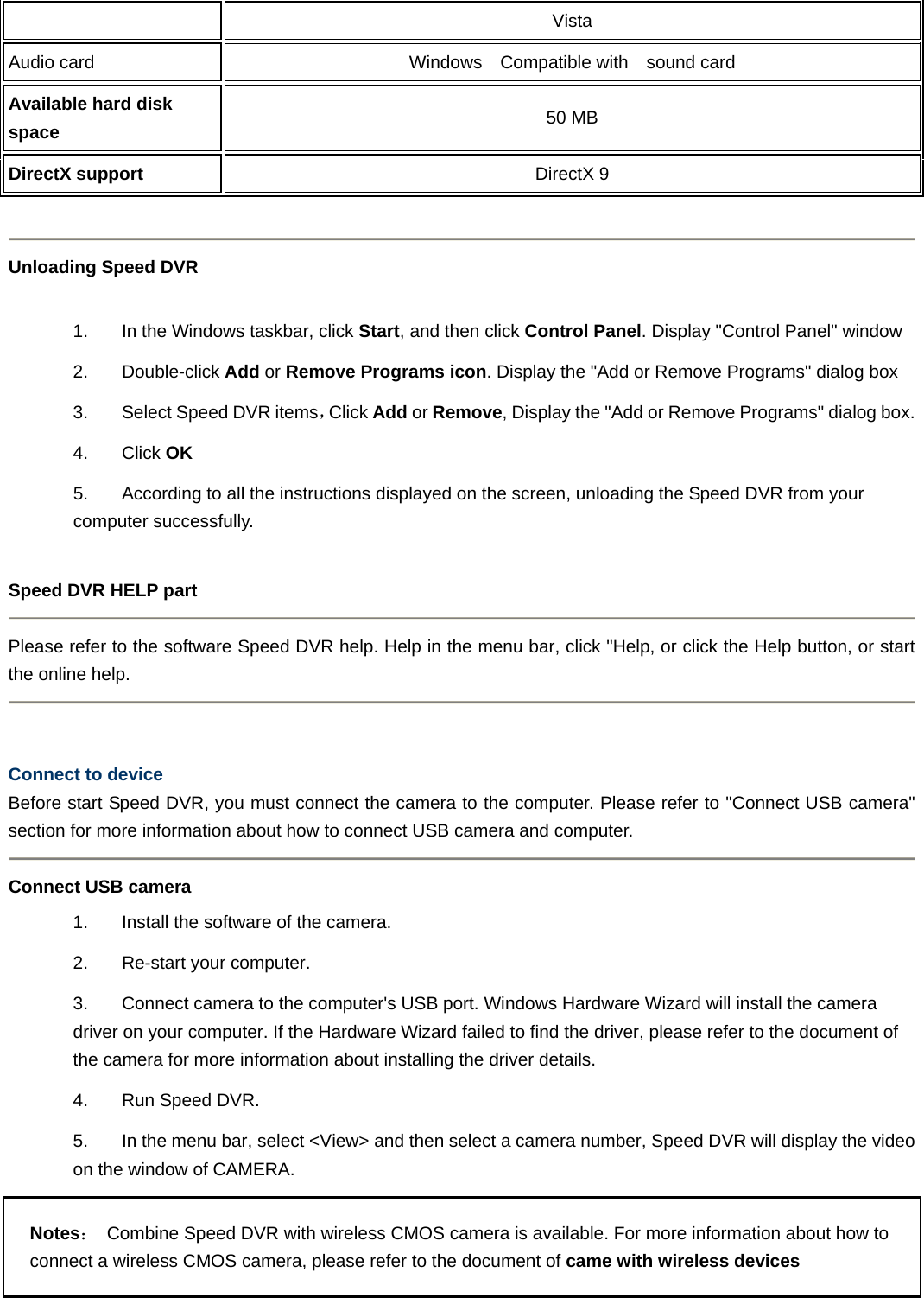   Vista  Audio card   Windows  Compatible with  sound card  Available hard disk space   50 MB   DirectX support DirectX 9    Unloading Speed DVR    1.  In the Windows taskbar, click Start, and then click Control Panel. Display &quot;Control Panel&quot; window   2. Double-click Add or Remove Programs icon. Display the &quot;Add or Remove Programs&quot; dialog box   3.  Select Speed DVR items，Click Add or Remove, Display the &quot;Add or Remove Programs&quot; dialog box.   4. Click OK  5.  According to all the instructions displayed on the screen, unloading the Speed DVR from your computer successfully.  Speed DVR HELP part  Please refer to the software Speed DVR help. Help in the menu bar, click &quot;Help, or click the Help button, or start the online help.  Connect to device  Before start Speed DVR, you must connect the camera to the computer. Please refer to &quot;Connect USB camera&quot; section for more information about how to connect USB camera and computer. Connect USB camera   1.  Install the software of the camera.   2. Re-start your computer.  3.  Connect camera to the computer&apos;s USB port. Windows Hardware Wizard will install the camera driver on your computer. If the Hardware Wizard failed to find the driver, please refer to the document of the camera for more information about installing the driver details. 4.  Run Speed DVR.   5.  In the menu bar, select &lt;View&gt; and then select a camera number, Speed DVR will display the video on the window of CAMERA.   Notes：  Combine Speed DVR with wireless CMOS camera is available. For more information about how to connect a wireless CMOS camera, please refer to the document of came with wireless devices 
