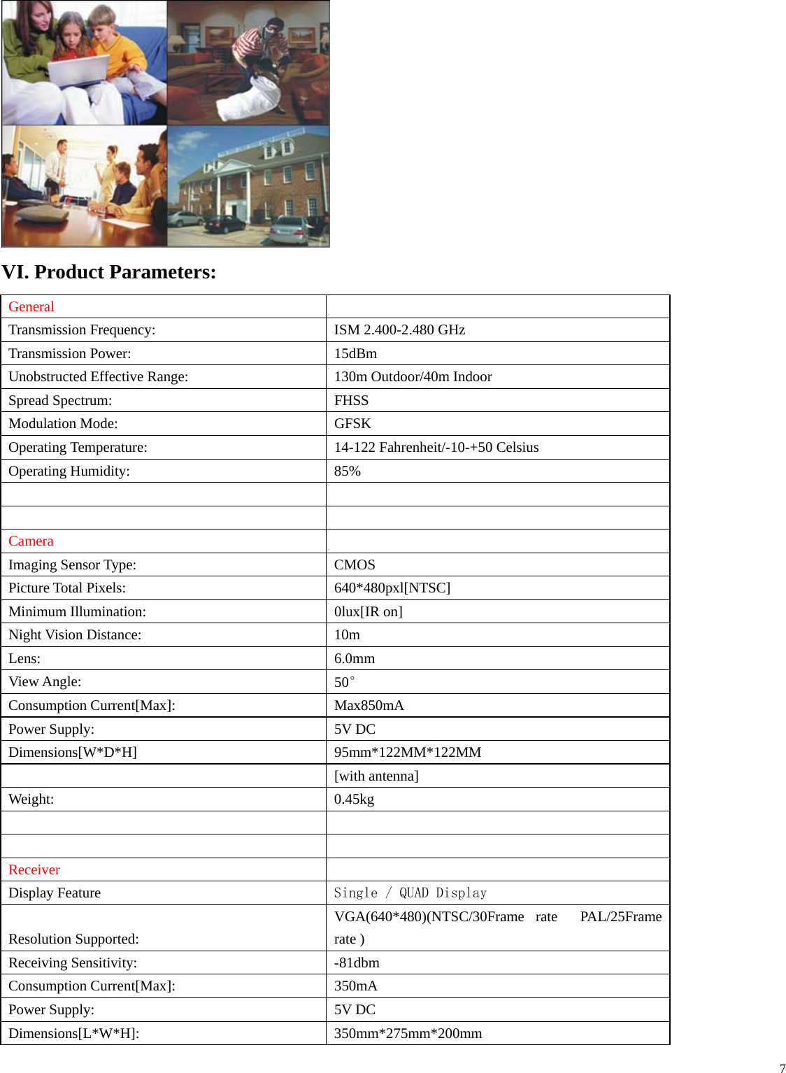    7 VI. Product Parameters:   General   Transmission Frequency: ISM 2.400-2.480 GHz Transmission Power: 15dBm Unobstructed Effective Range: 130m Outdoor/40m Indoor Spread Spectrum: FHSS Modulation Mode: GFSK Operating Temperature: 14-122 Fahrenheit/-10-+50 Celsius Operating Humidity: 85%           Camera   Imaging Sensor Type: CMOS Picture Total Pixels: 640*480pxl[NTSC] Minimum Illumination: 0lux[IR on] Night Vision Distance: 10m Lens: 6.0mm View Angle: 50° Consumption Current[Max]: Max850mA Power Supply: 5V DC Dimensions[W*D*H] 95mm*122MM*122MM    [with antenna] Weight: 0.45kg           Receiver   Display Feature Single / QUAD Display Resolution Supported: VGA(640*480)(NTSC/30Frame rate  PAL/25Frame rate )   Receiving Sensitivity: -81dbm Consumption Current[Max]: 350mA Power Supply: 5V DC Dimensions[L*W*H]: 350mm*275mm*200mm 